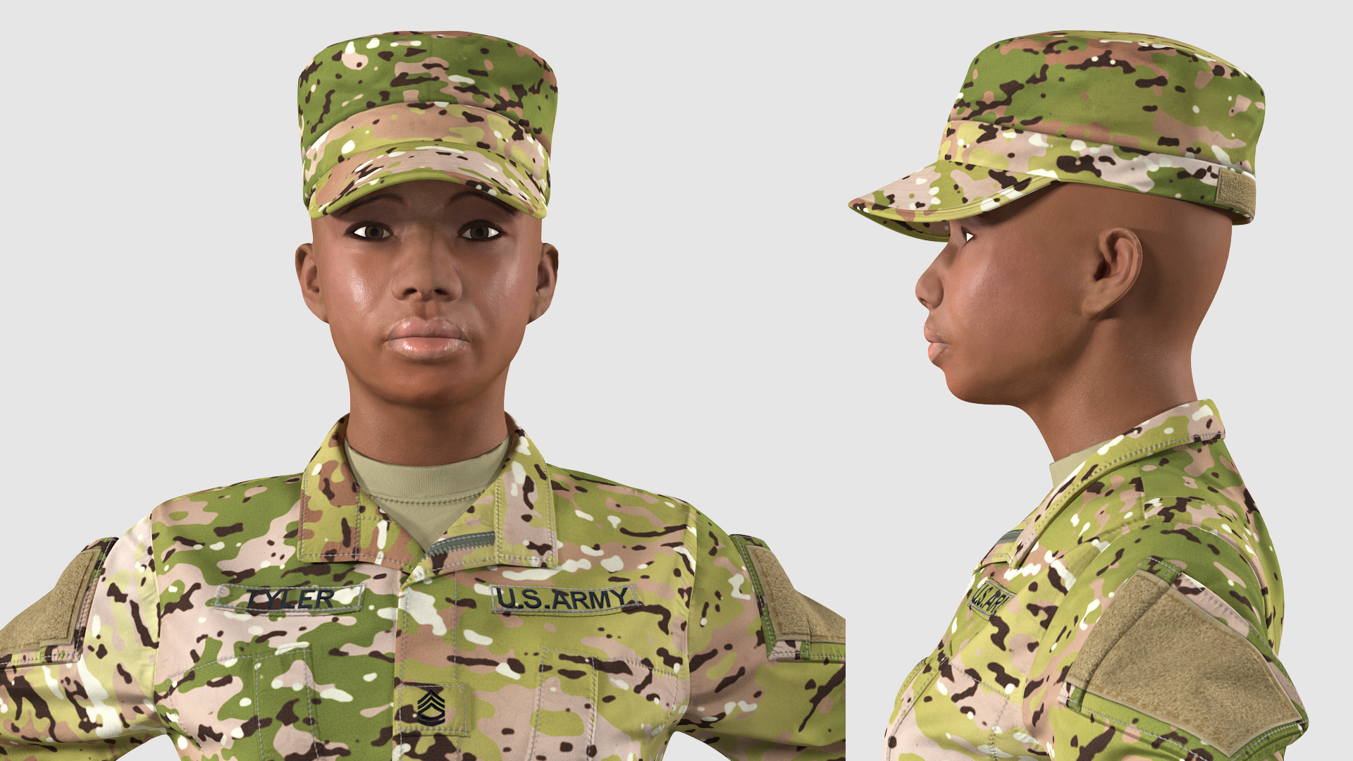 Black Female Soldier Camo T Pose 3D