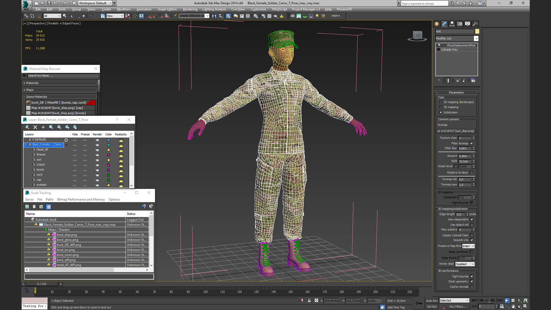 Black Female Soldier Camo T Pose 3D