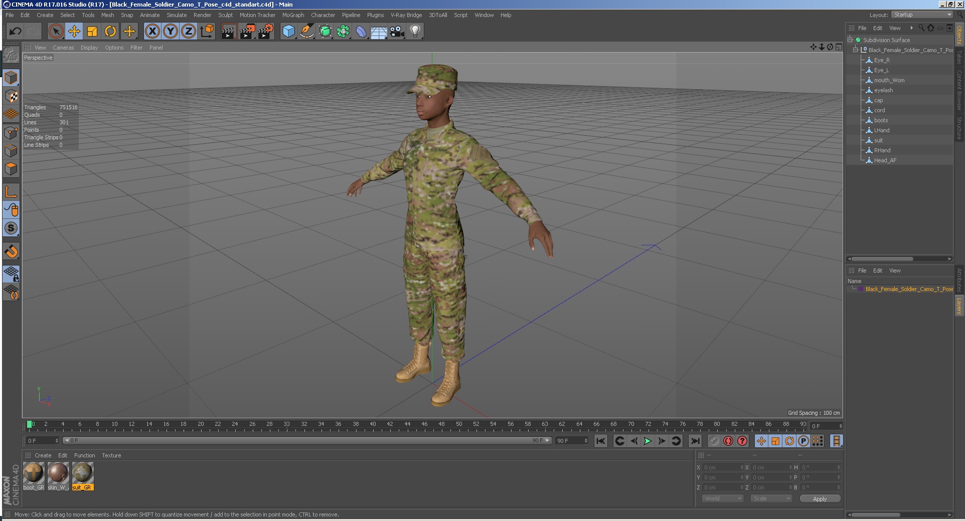 Black Female Soldier Camo T Pose 3D