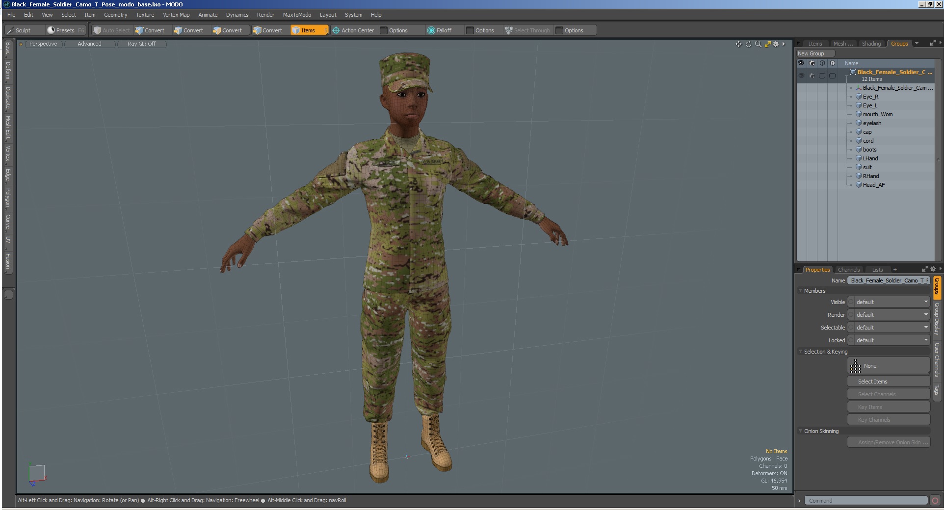 Black Female Soldier Camo T Pose 3D