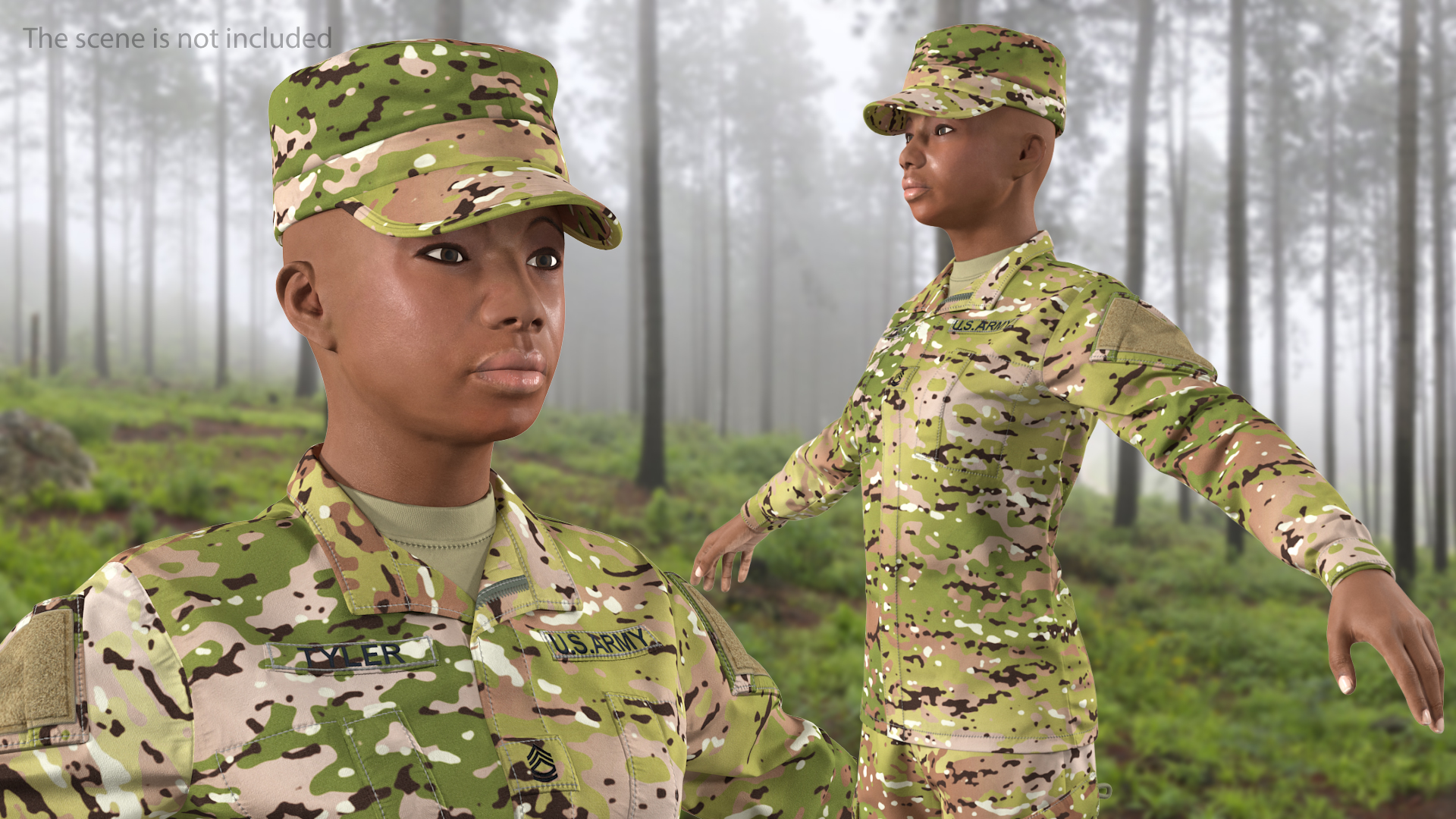 Black Female Soldier Camo T Pose 3D