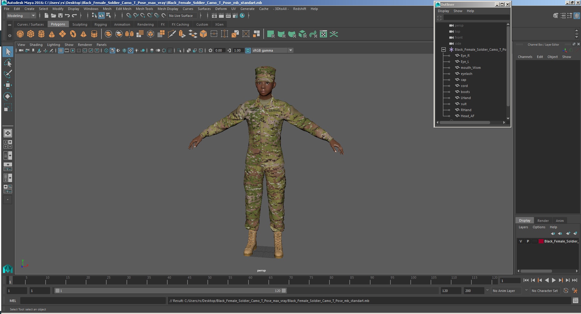 Black Female Soldier Camo T Pose 3D