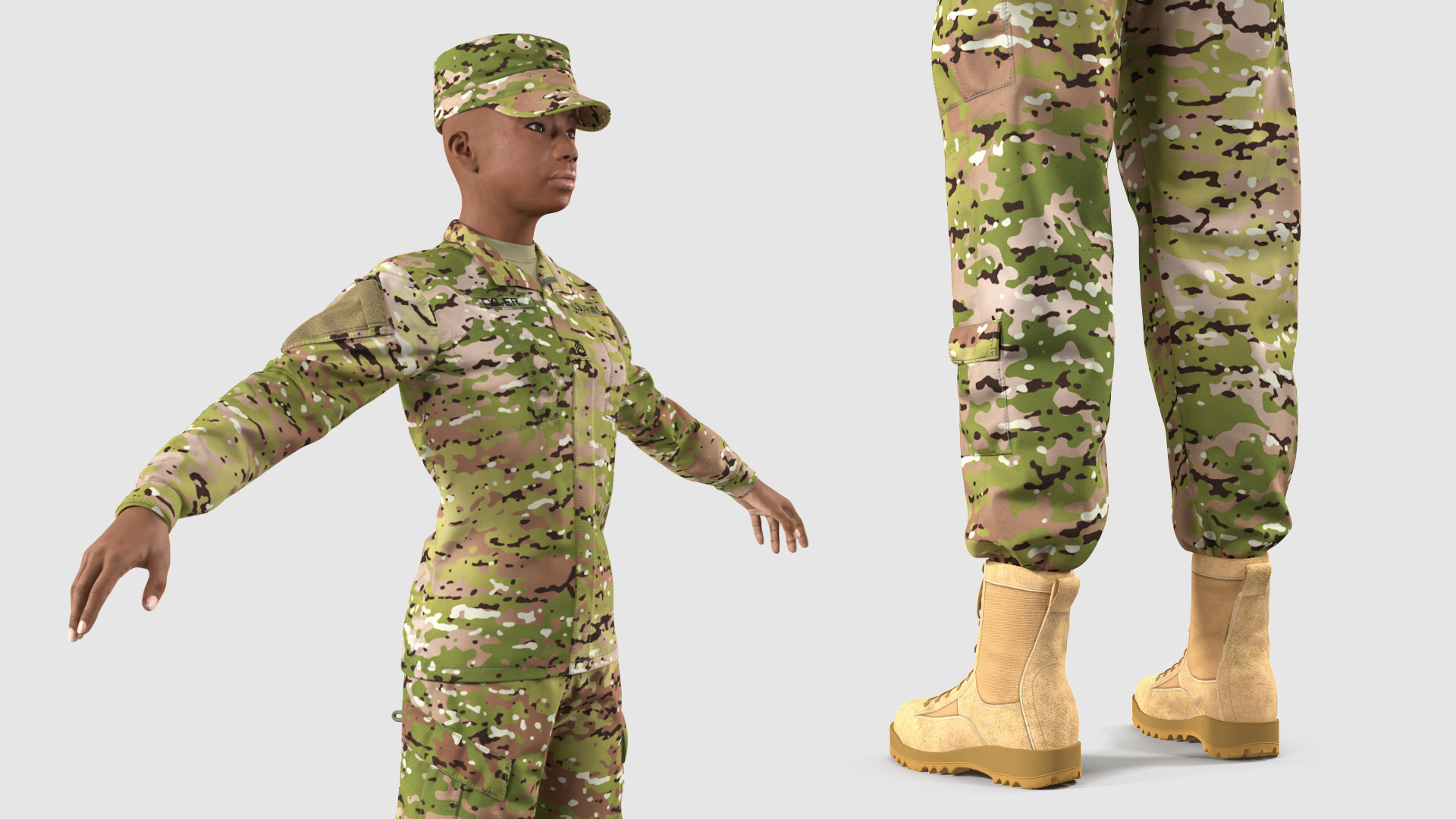 Black Female Soldier Camo T Pose 3D