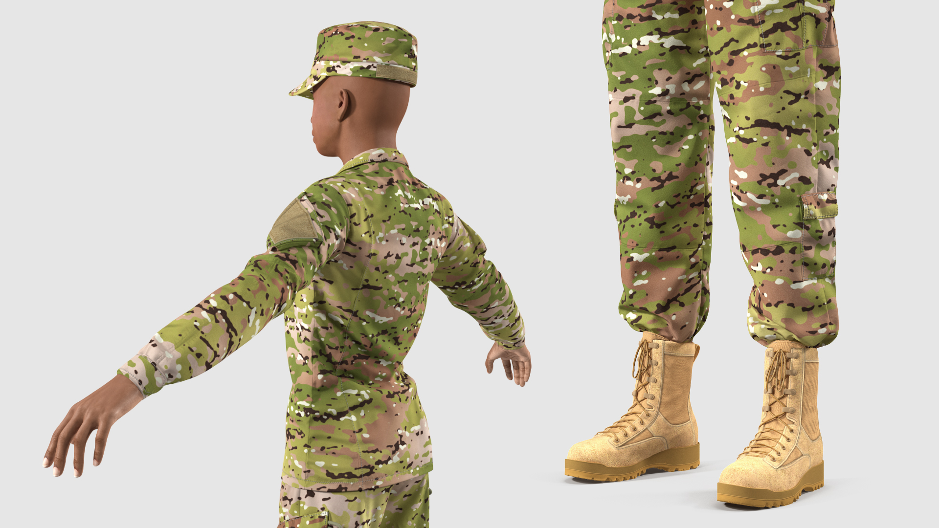 Black Female Soldier Camo T Pose 3D
