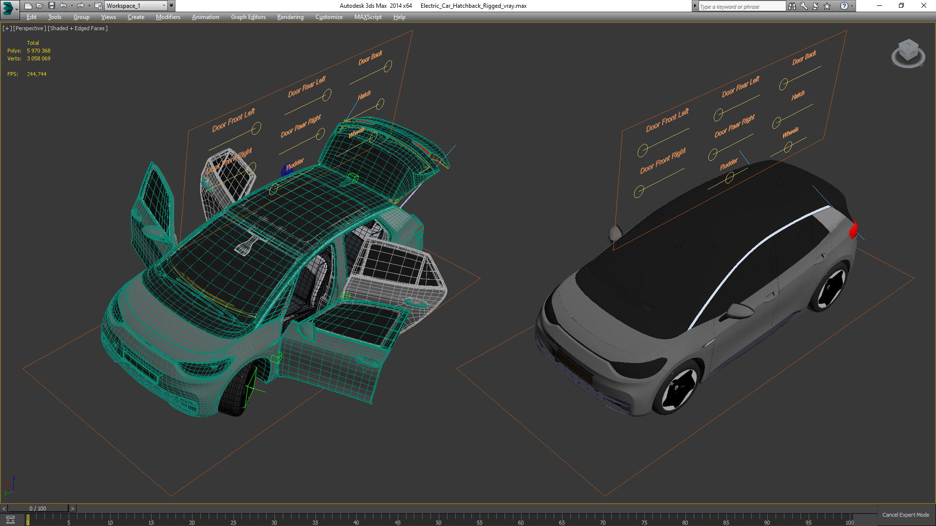 Electric Car Hatchback Rigged 3D model