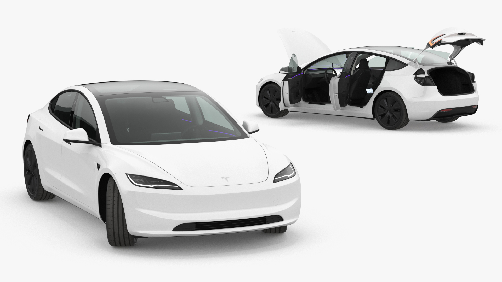 3D Tesla Model 3 2024 White Lights On Rigged