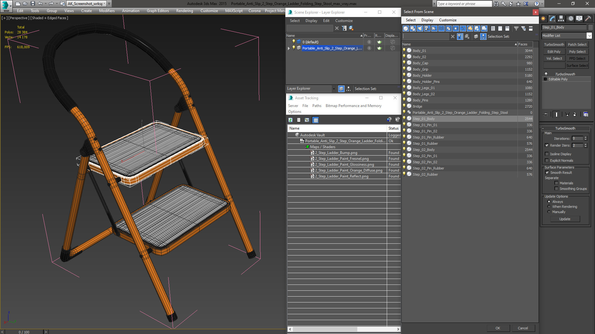 3D Portable Anti Slip 2 Step Orange Ladder Folding Step Stool model