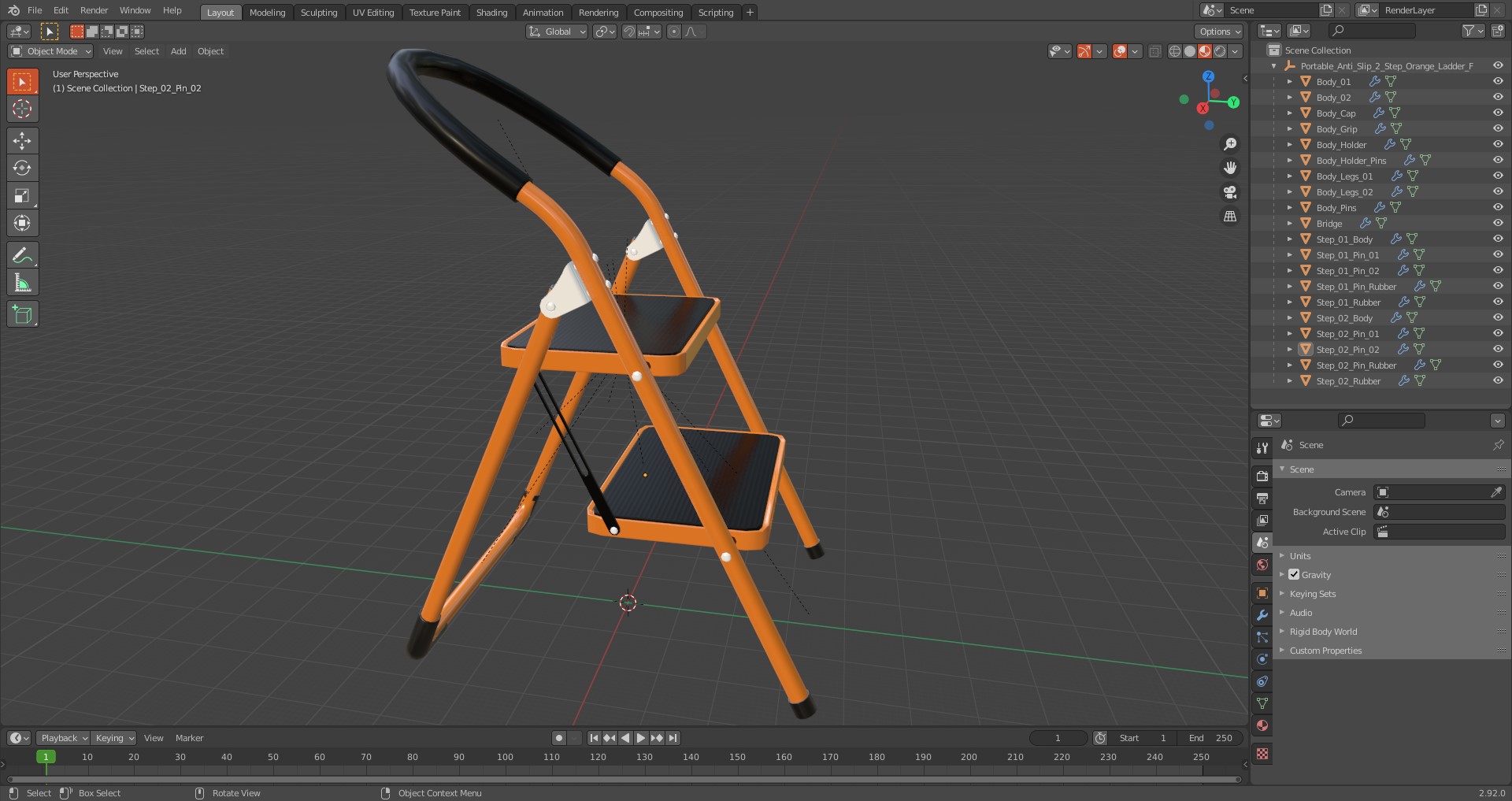 3D Portable Anti Slip 2 Step Orange Ladder Folding Step Stool model