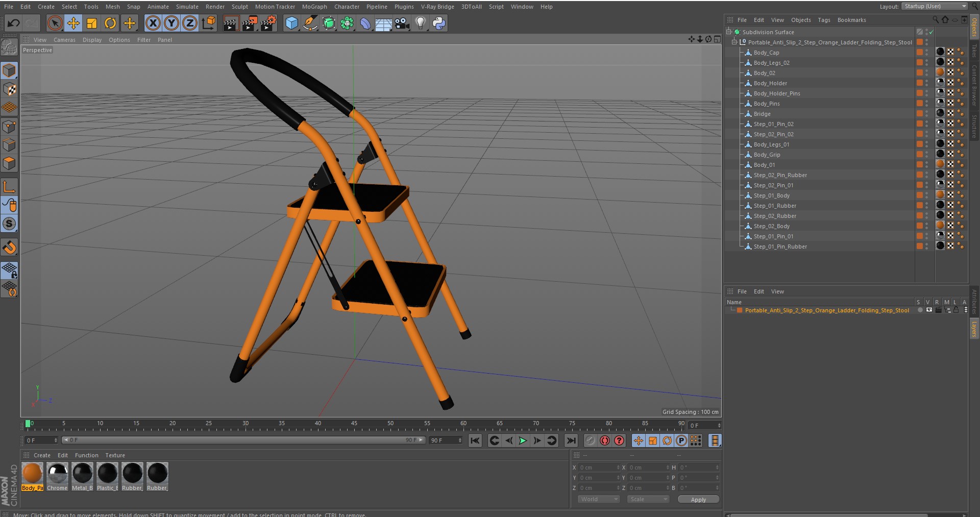 3D Portable Anti Slip 2 Step Orange Ladder Folding Step Stool model