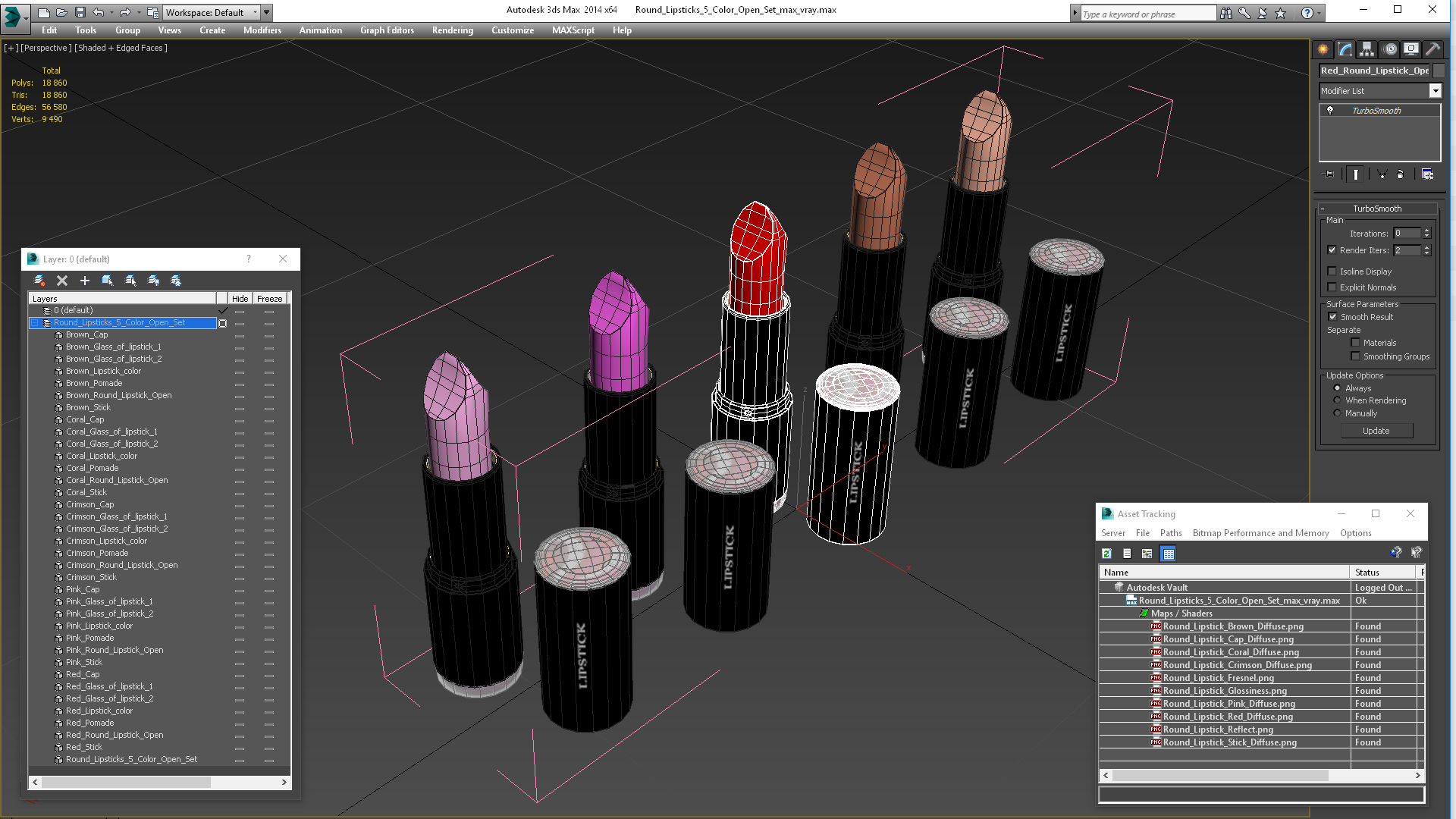 Round Lipsticks 5 Color Open Set 3D