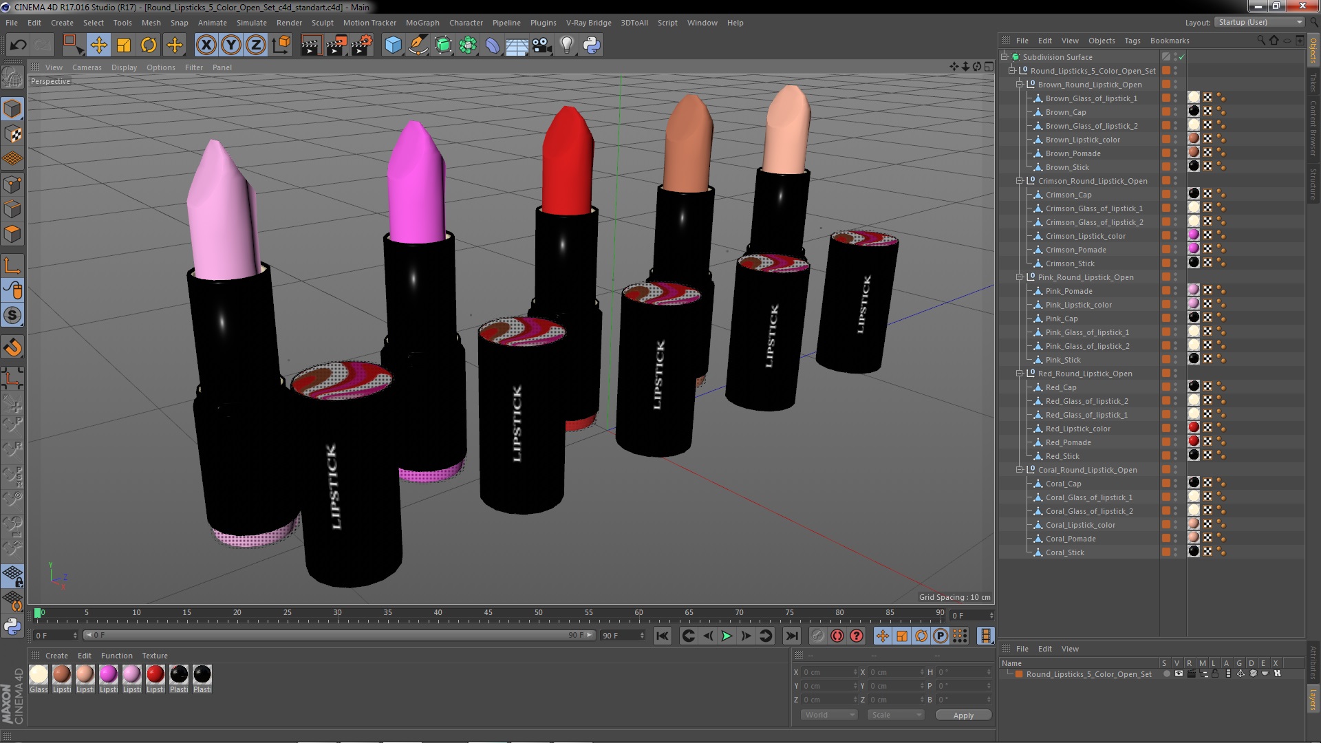 Round Lipsticks 5 Color Open Set 3D