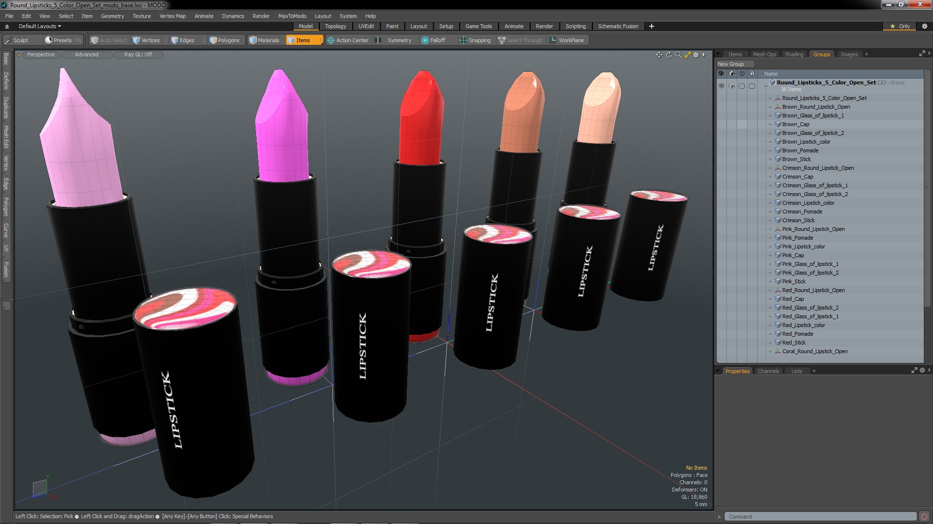 Round Lipsticks 5 Color Open Set 3D