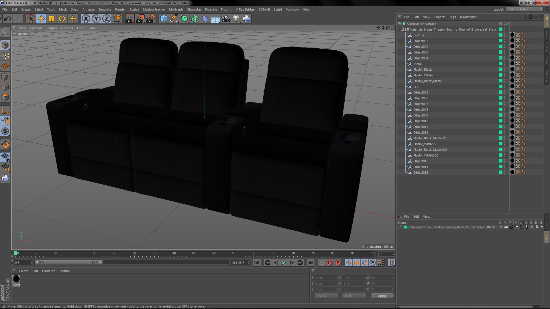 3D Valencia Home Theater Seating Row of 3 Loveseat Black model