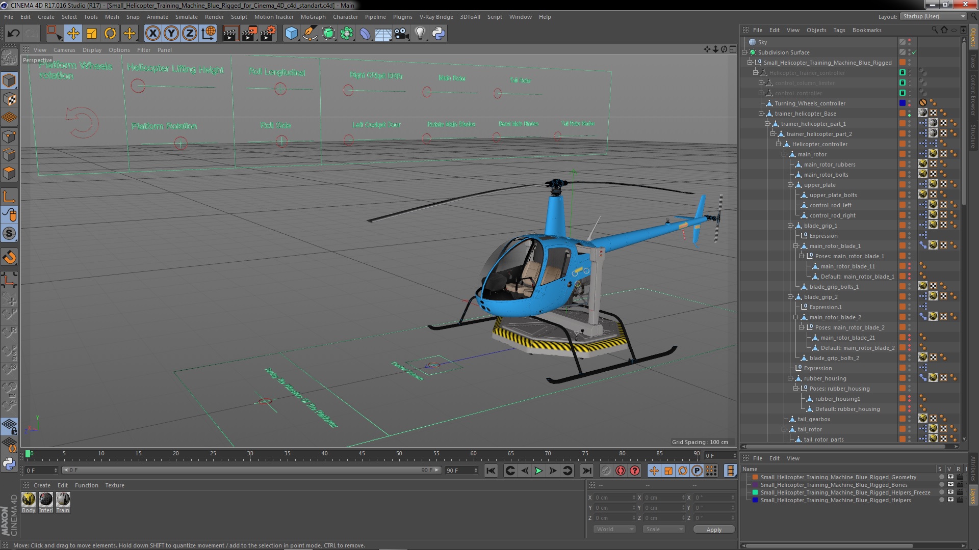 Small Helicopter Training Machine Blue Rigged for Cinema 4D 3D model