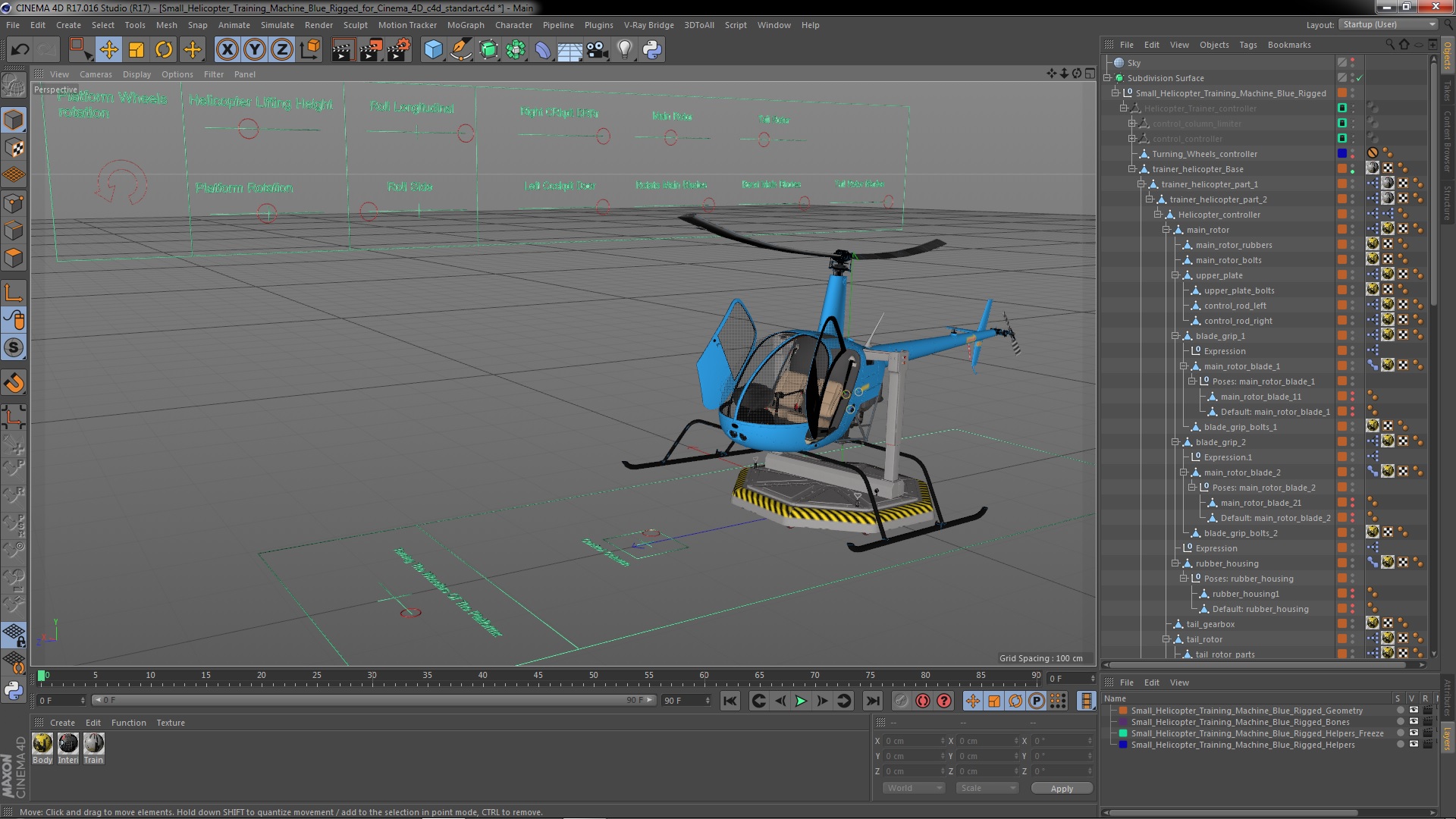 Small Helicopter Training Machine Blue Rigged for Cinema 4D 3D model