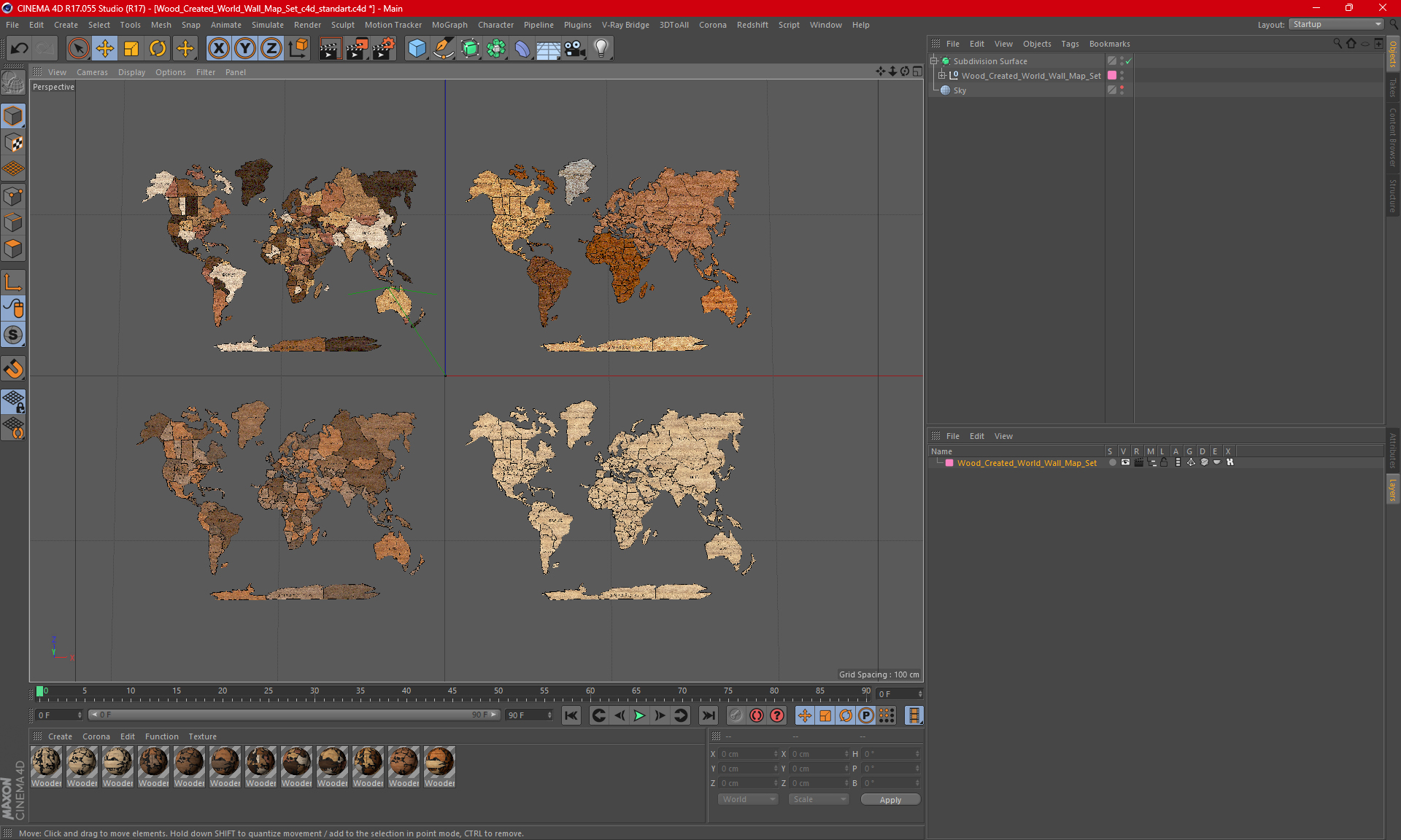 3D Wood Created World Wall Map Set
