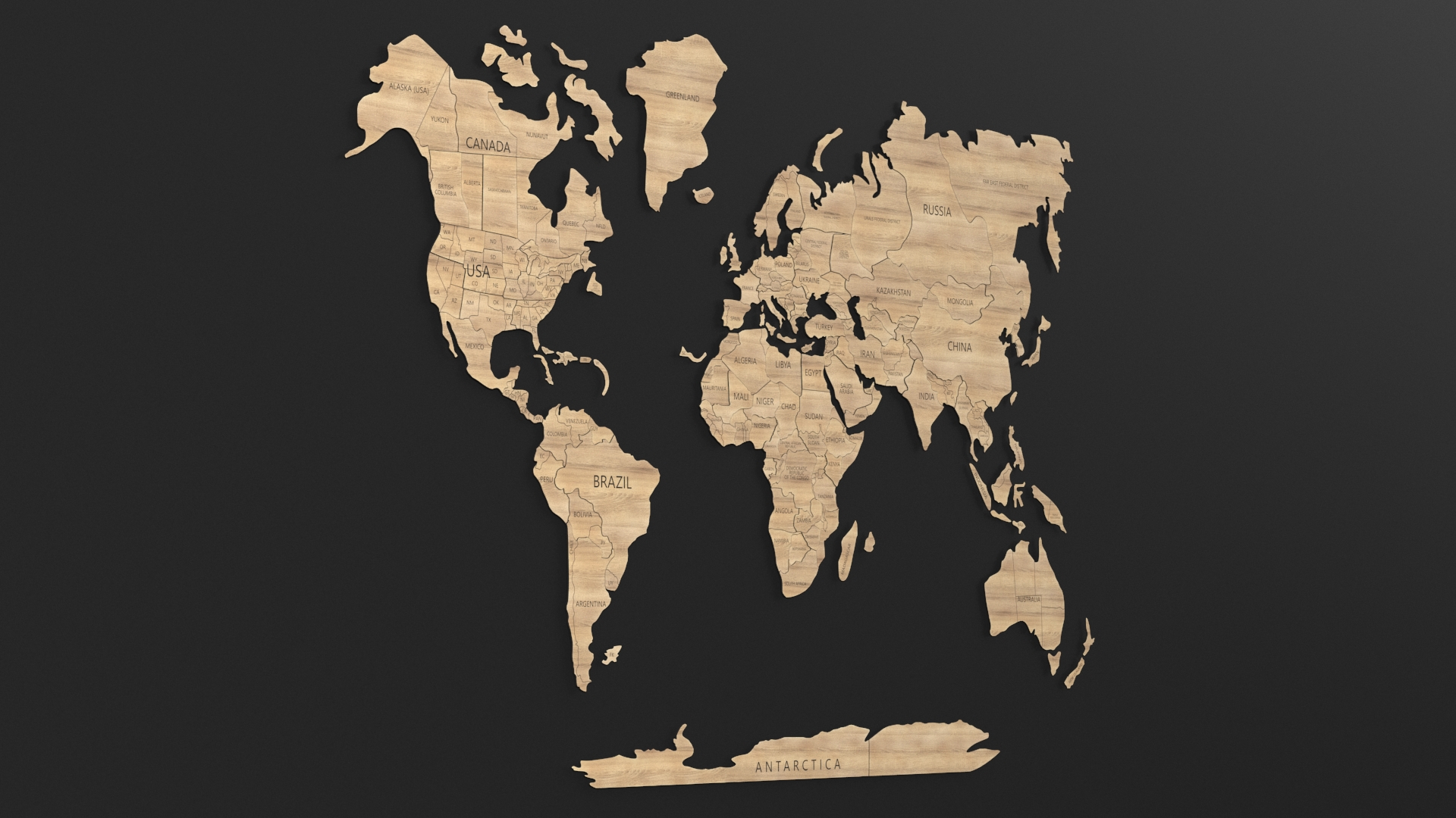 3D Wood Created World Wall Map Set