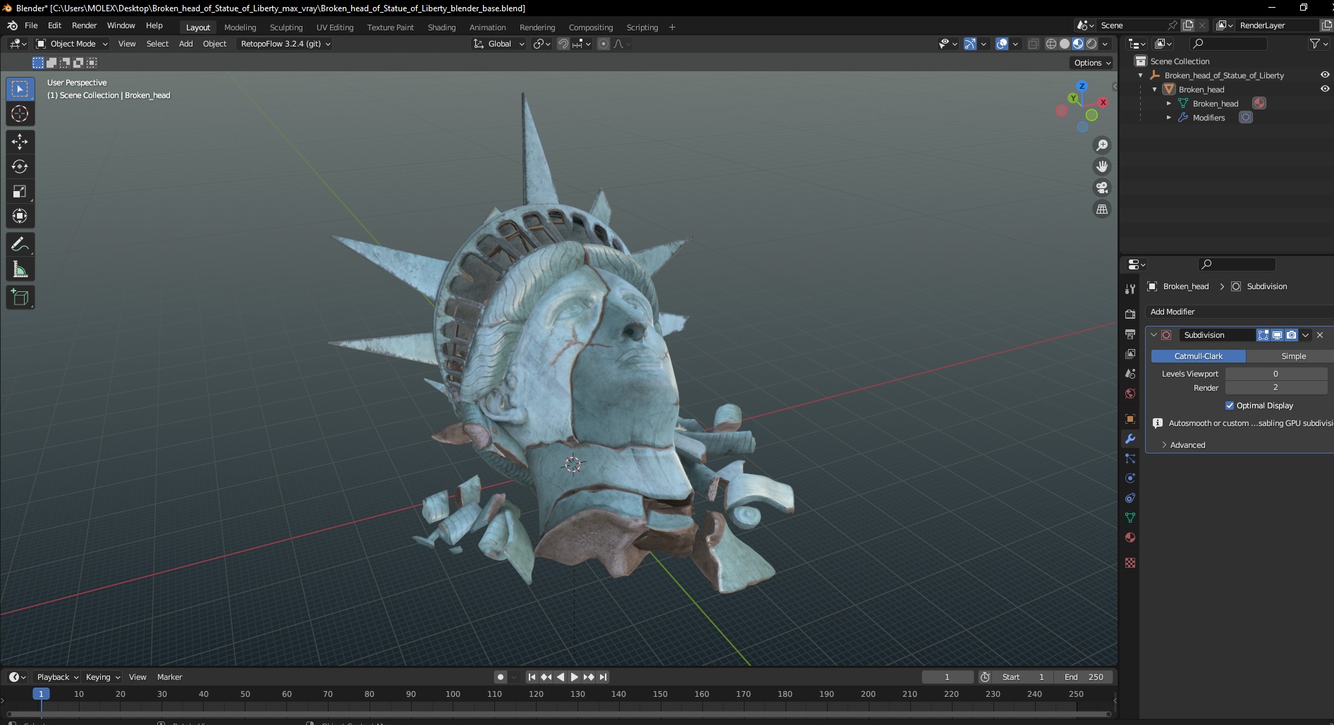 Broken head of Statue of Liberty 3D