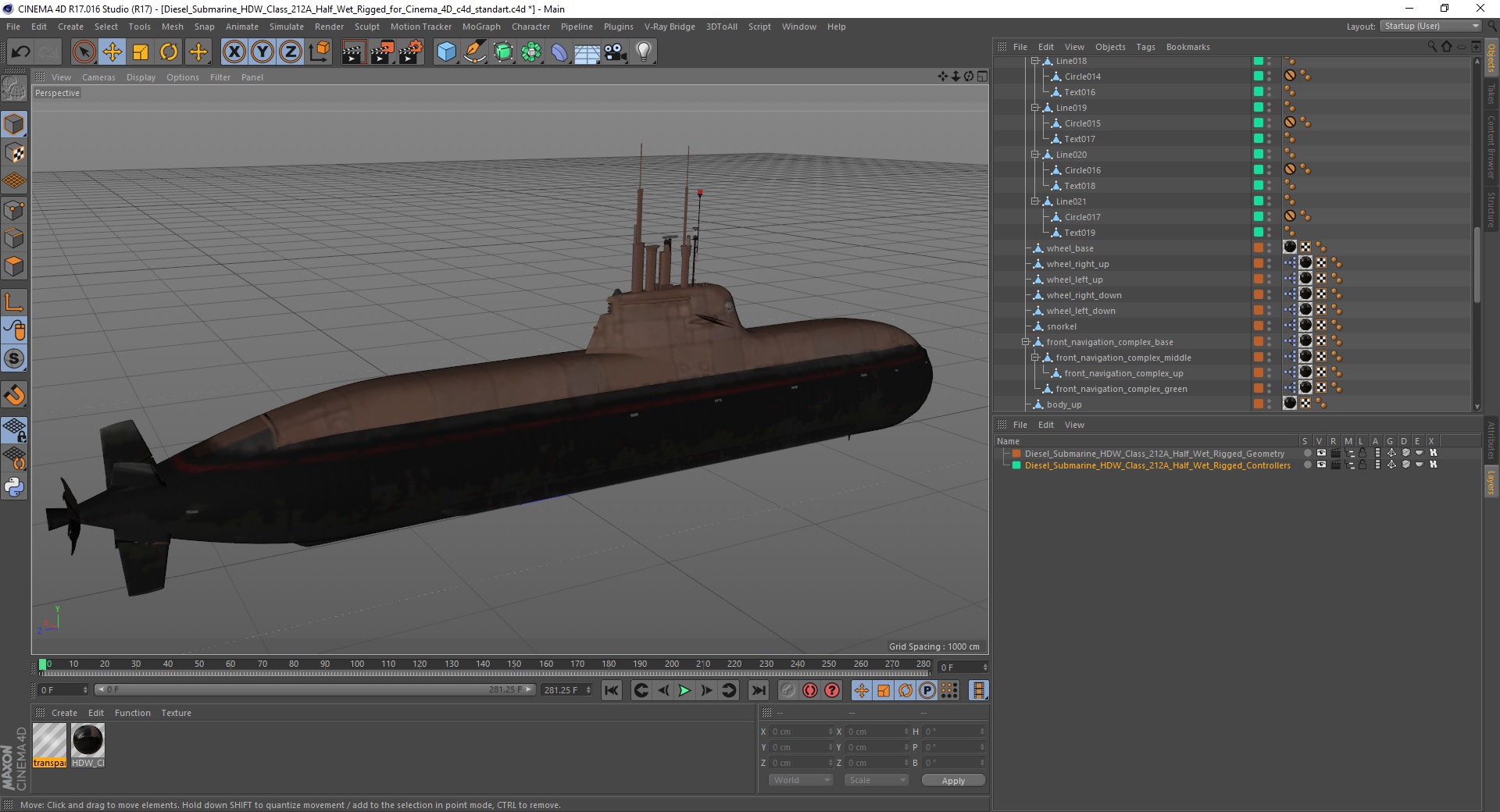3D Diesel Submarine HDW Class 212A Half Wet Rigged for Cinema 4D