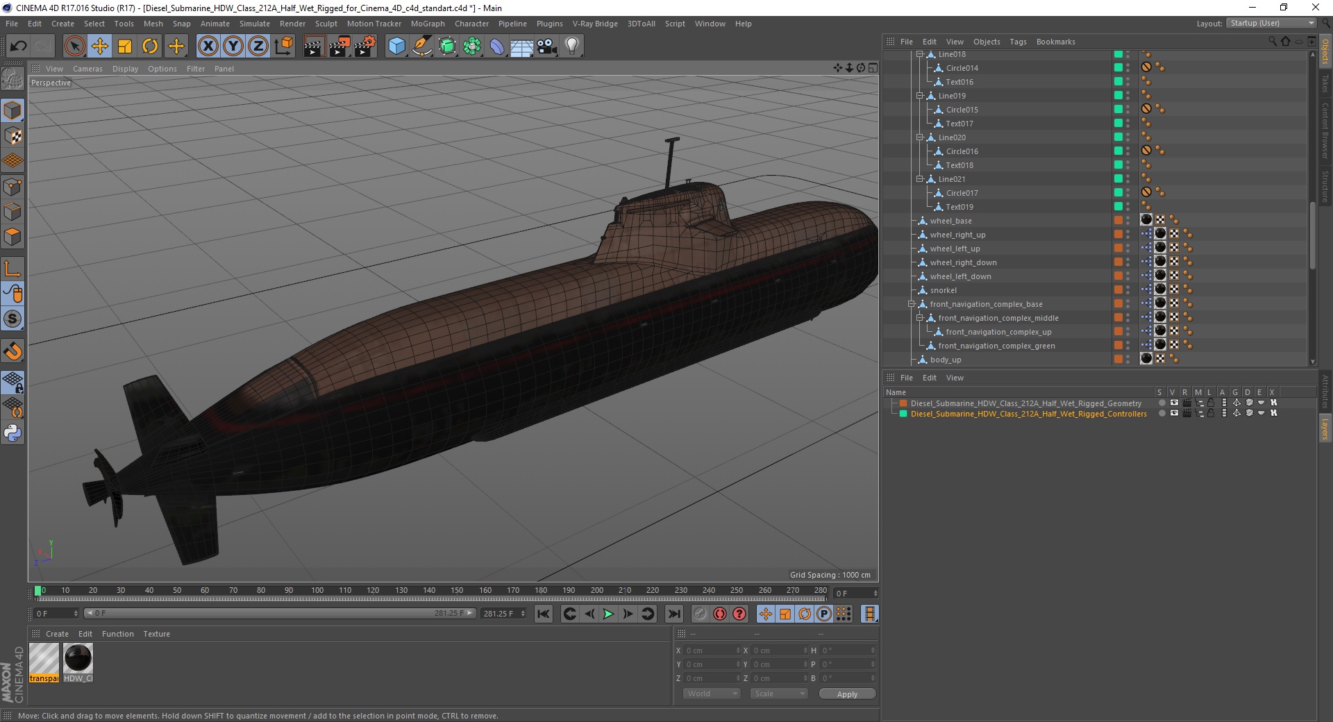 3D Diesel Submarine HDW Class 212A Half Wet Rigged for Cinema 4D
