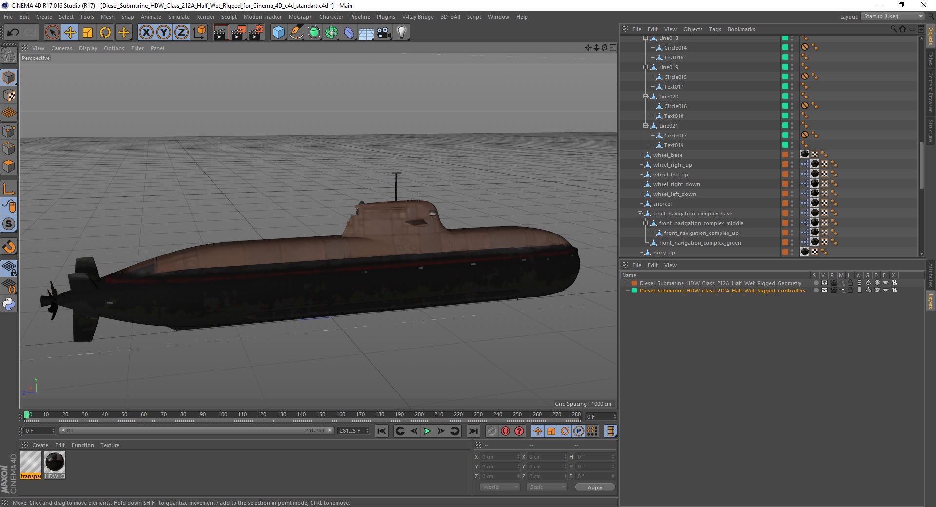 3D Diesel Submarine HDW Class 212A Half Wet Rigged for Cinema 4D