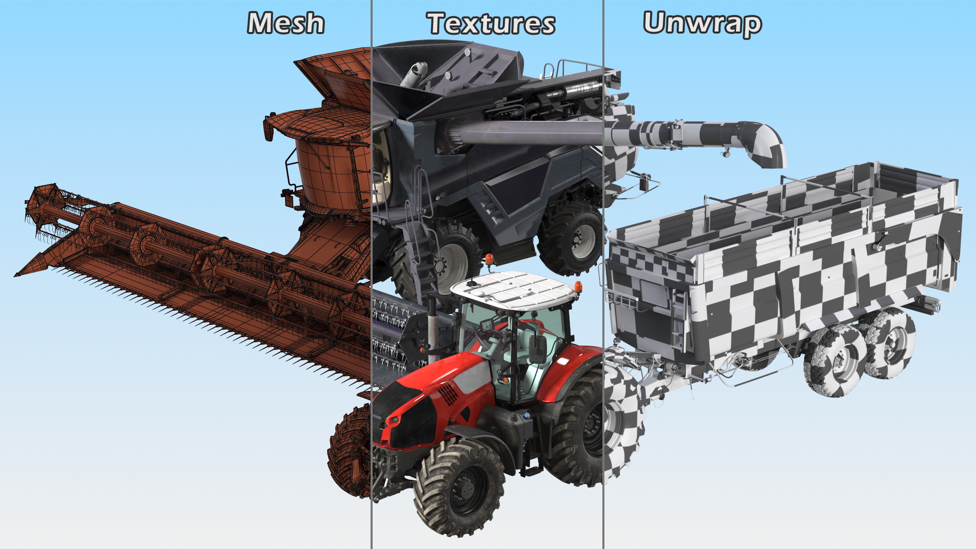3D Harvester Massey Ferguson with Tractor with Agricultural Trailer Rigged