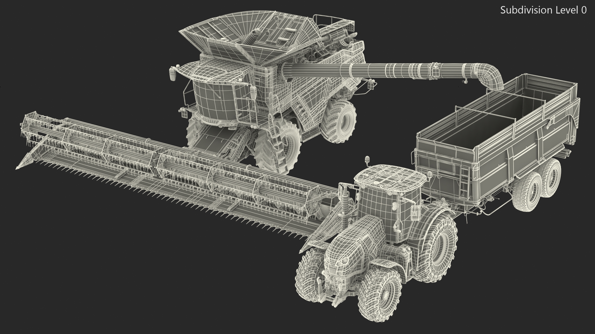 3D Harvester Massey Ferguson with Tractor with Agricultural Trailer Rigged