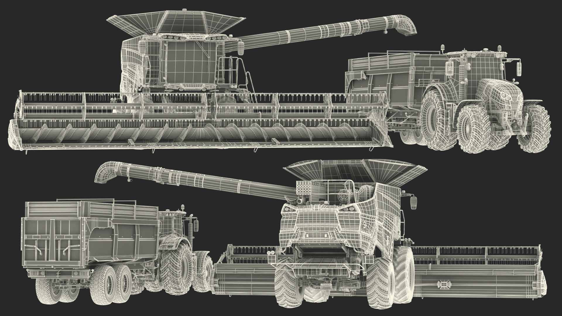 3D Harvester Massey Ferguson with Tractor with Agricultural Trailer Rigged