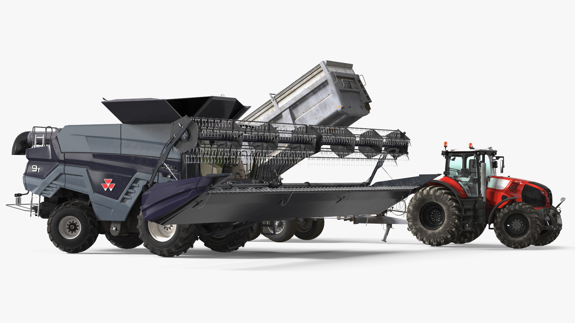3D Harvester Massey Ferguson with Tractor with Agricultural Trailer Rigged