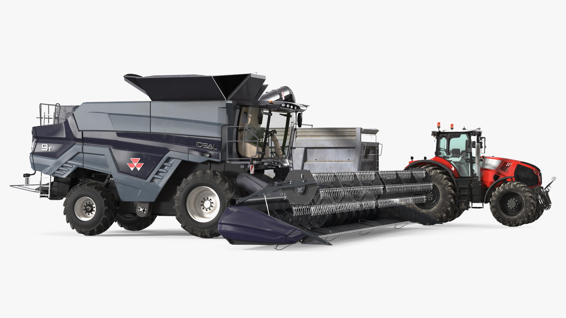 3D Harvester Massey Ferguson with Tractor with Agricultural Trailer Rigged
