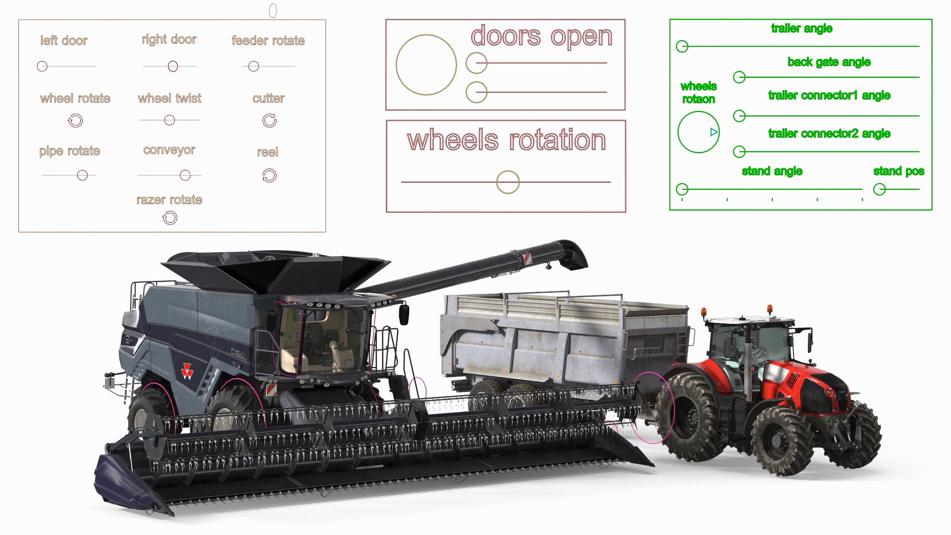 3D Harvester Massey Ferguson with Tractor with Agricultural Trailer Rigged