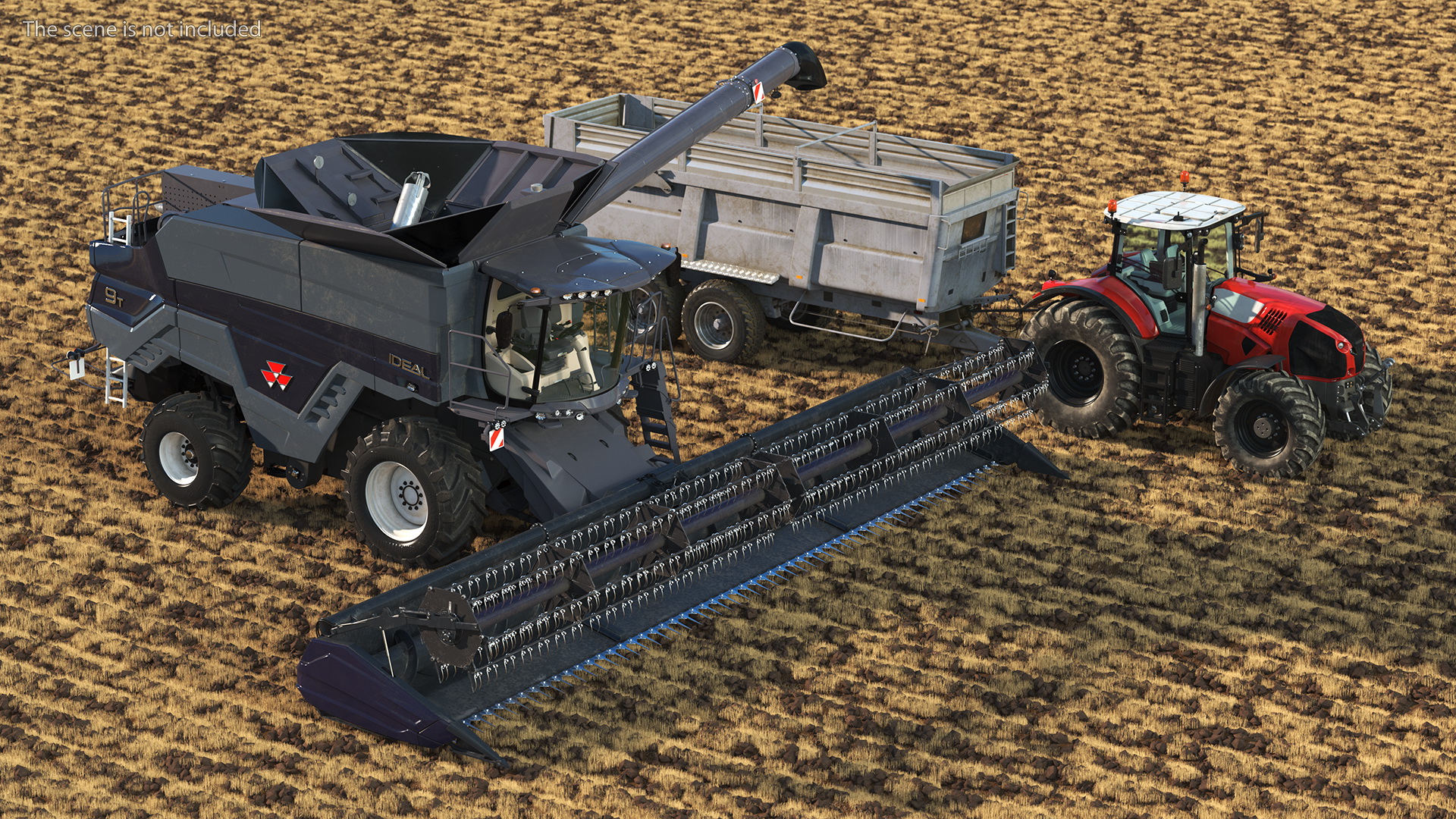 3D Harvester Massey Ferguson with Tractor with Agricultural Trailer Rigged