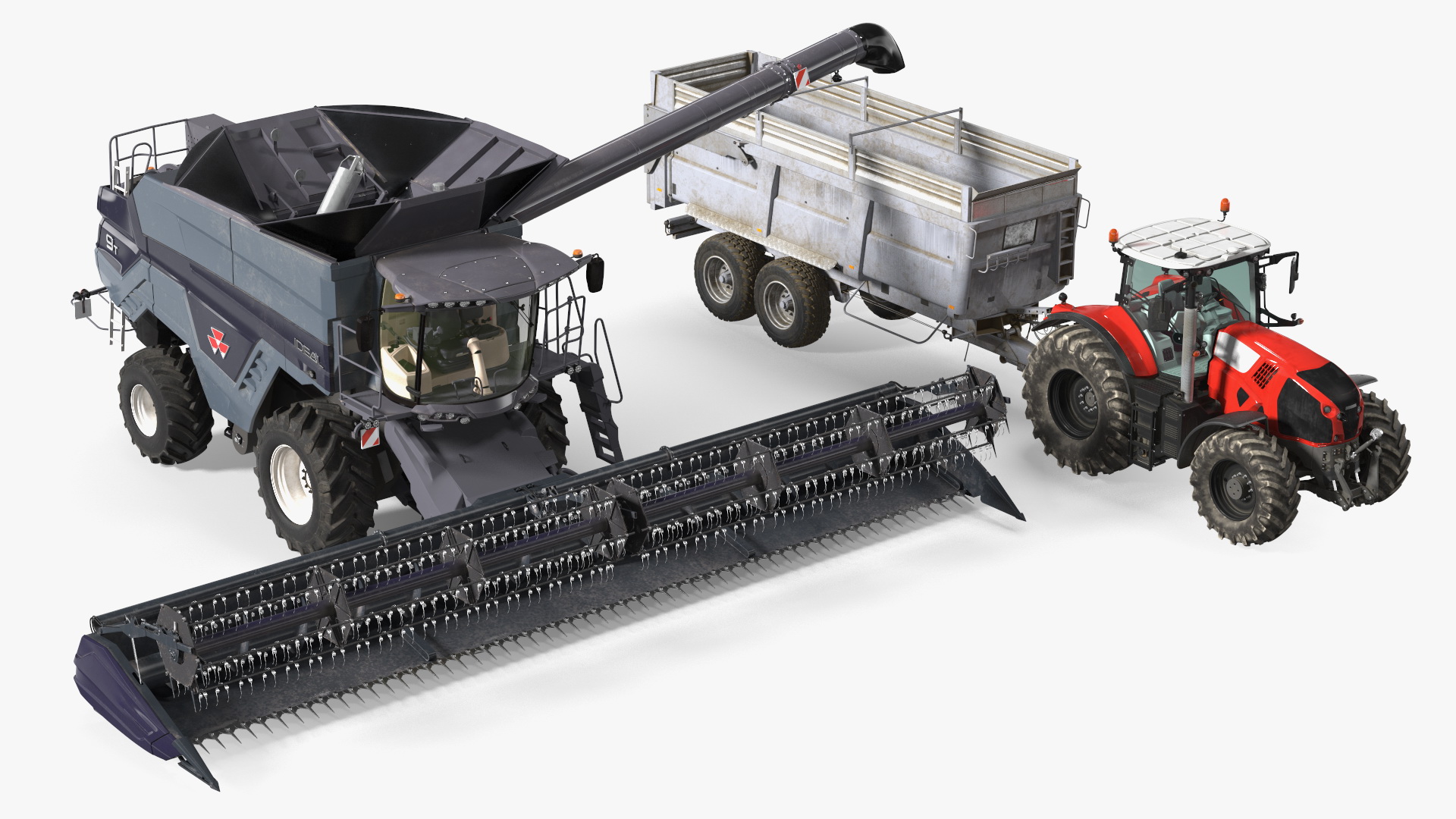 3D Harvester Massey Ferguson with Tractor with Agricultural Trailer Rigged