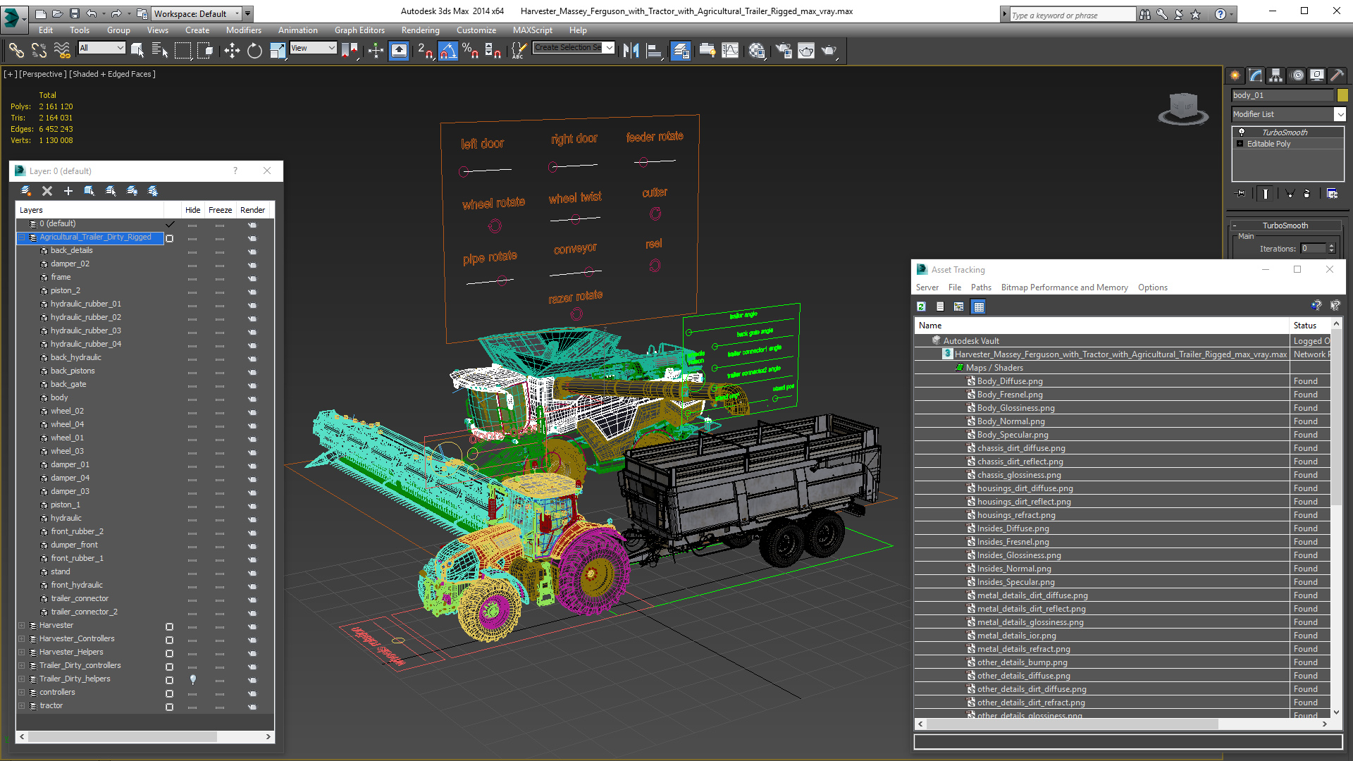 3D Harvester Massey Ferguson with Tractor with Agricultural Trailer Rigged