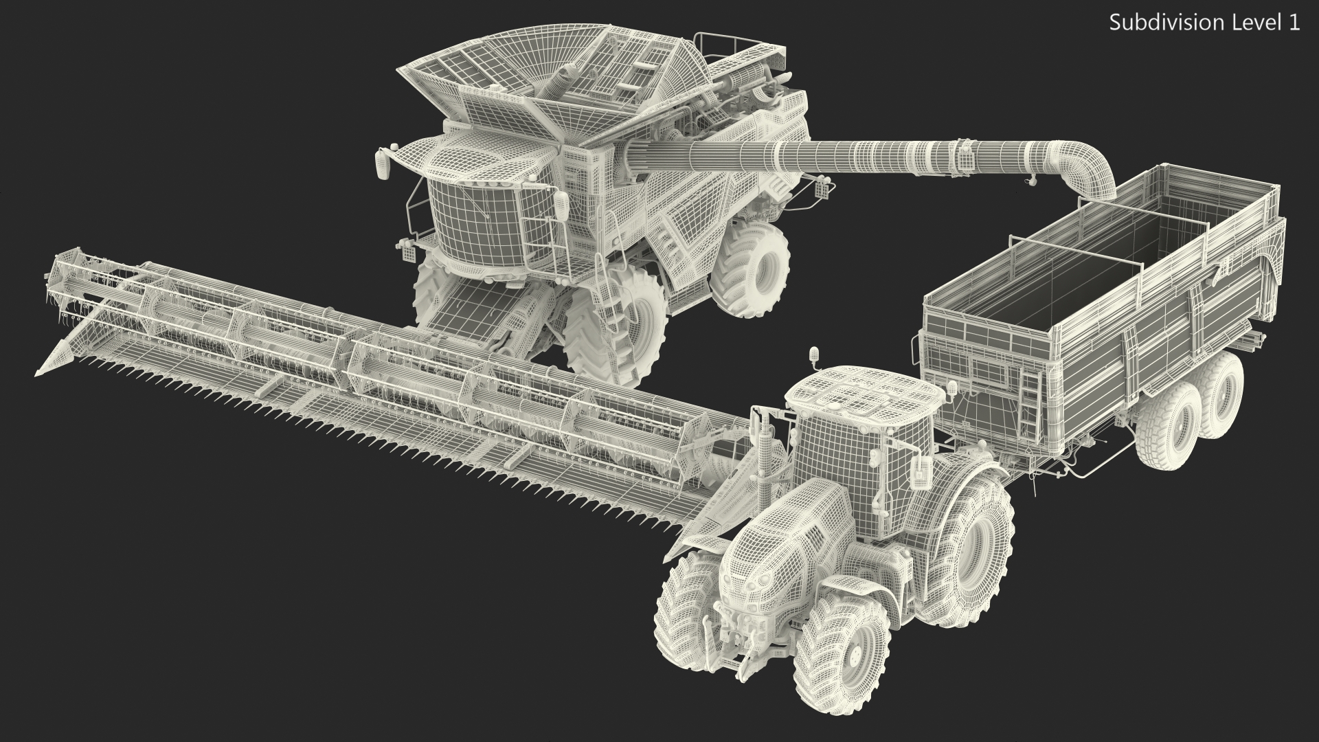 3D Harvester Massey Ferguson with Tractor with Agricultural Trailer Rigged
