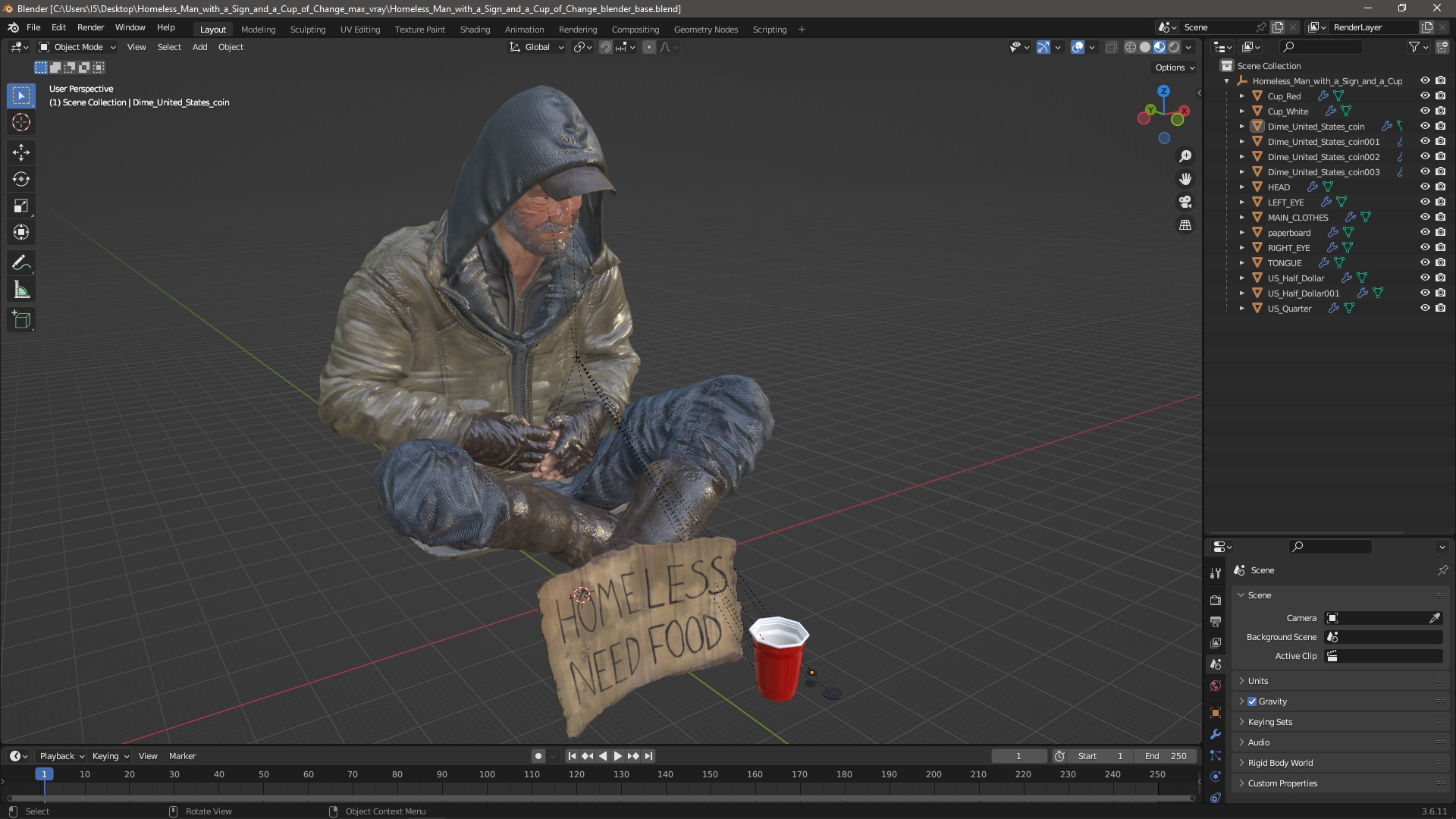 Homeless Man with a Sign and a Cup of Change 3D model