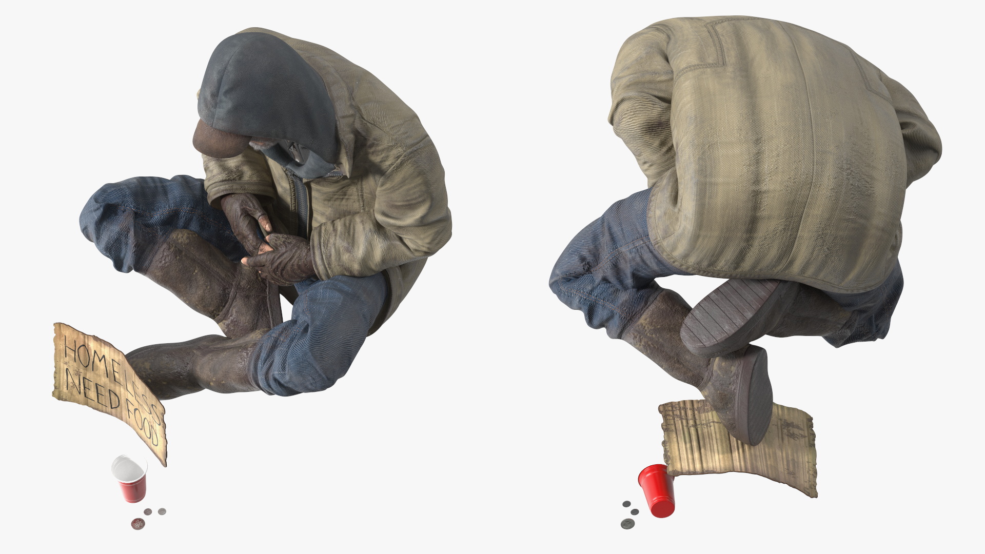 Homeless Man with a Sign and a Cup of Change 3D model