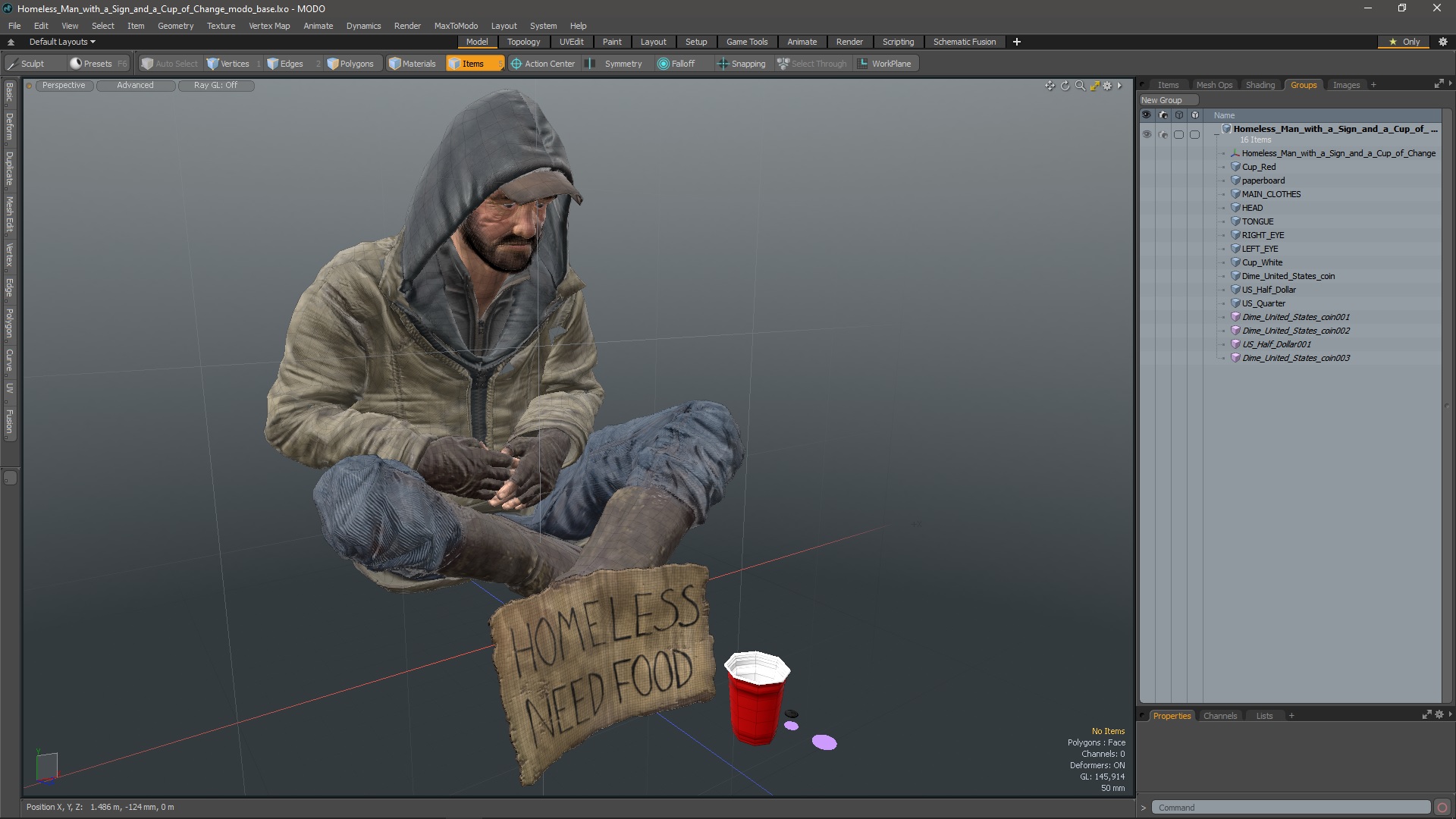 Homeless Man with a Sign and a Cup of Change 3D model