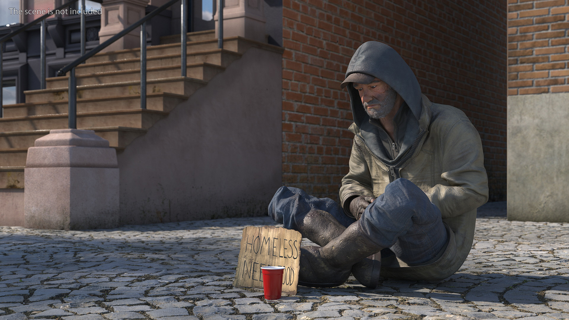 Homeless Man with a Sign and a Cup of Change 3D model