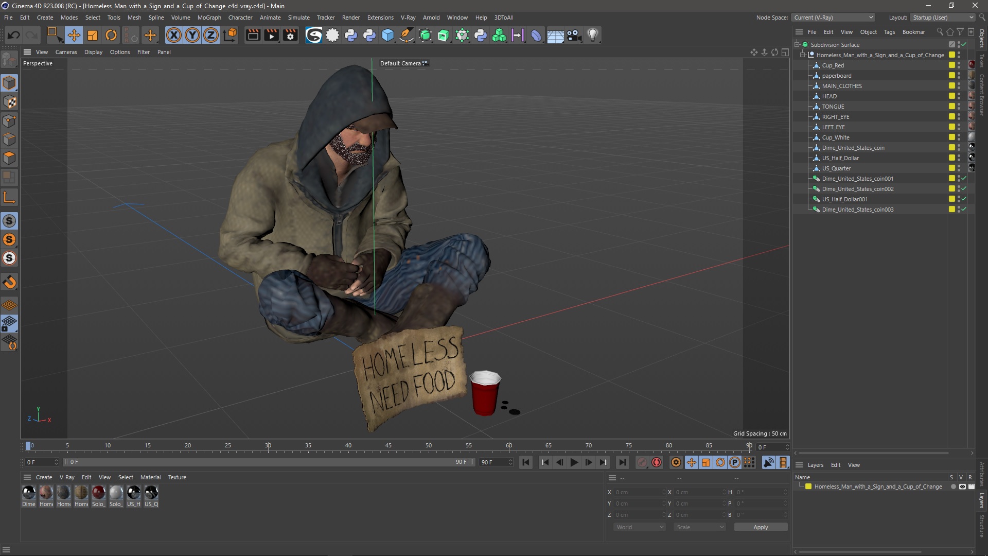 Homeless Man with a Sign and a Cup of Change 3D model