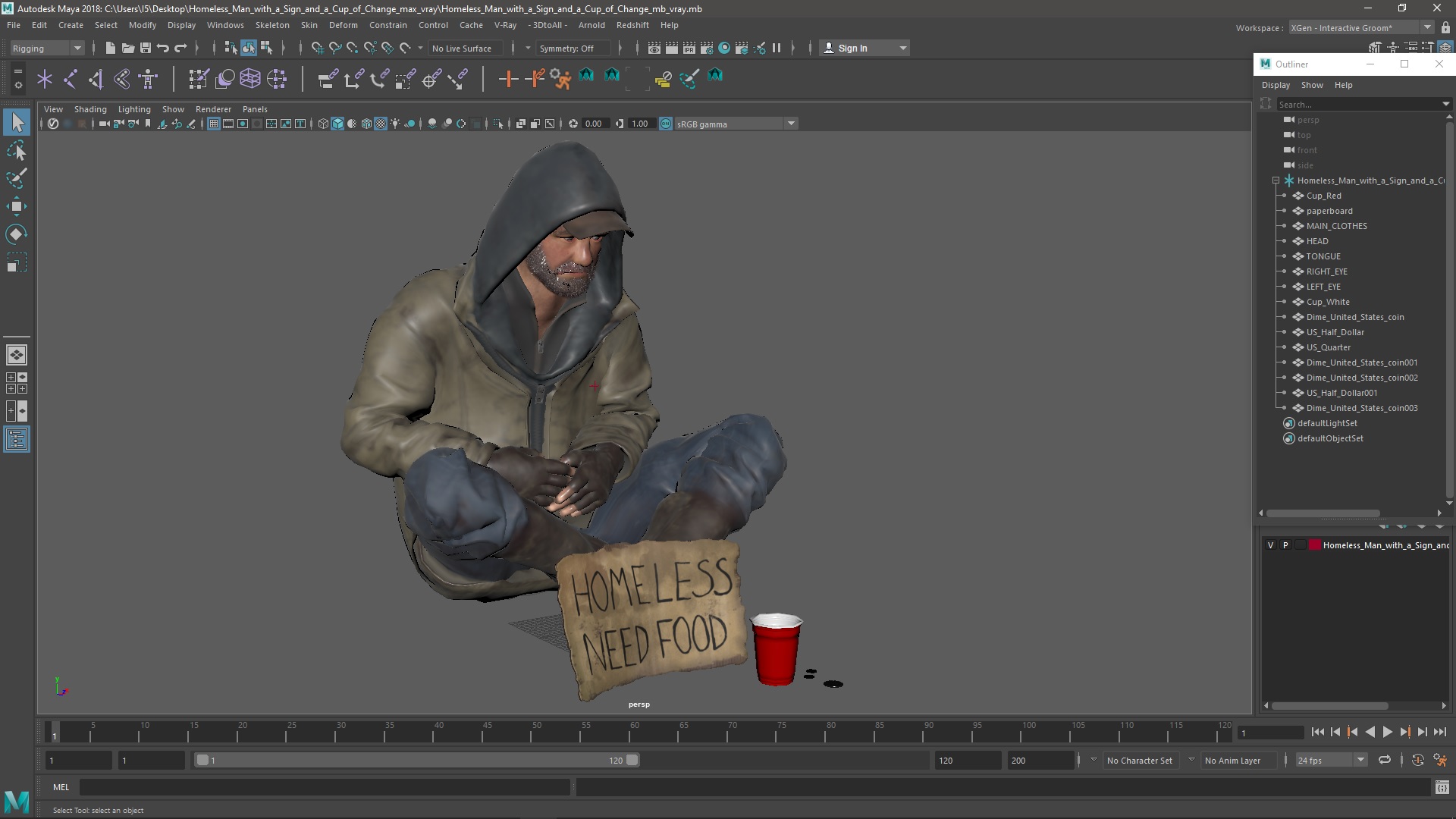 Homeless Man with a Sign and a Cup of Change 3D model