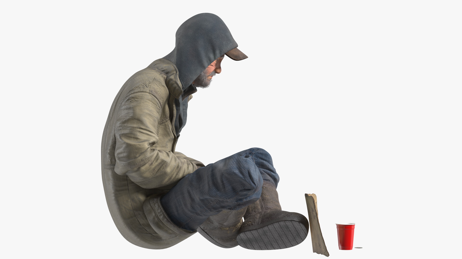 Homeless Man with a Sign and a Cup of Change 3D model