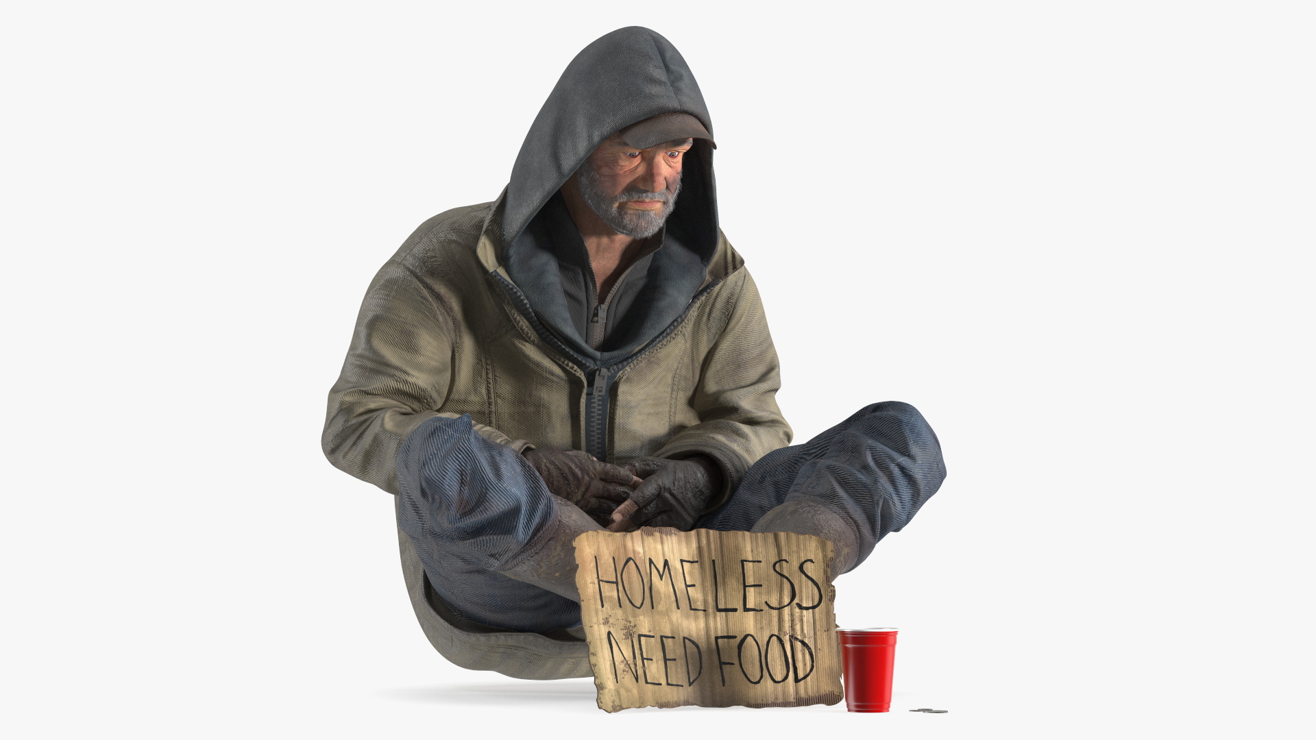 Homeless Man with a Sign and a Cup of Change 3D model