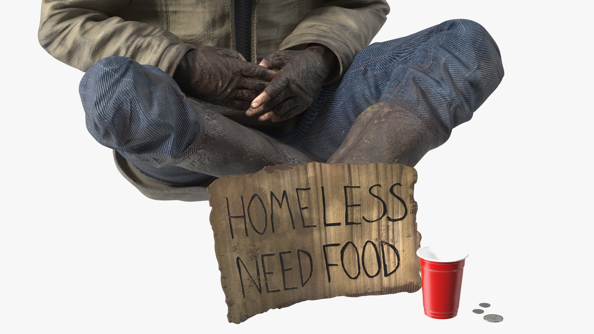 Homeless Man with a Sign and a Cup of Change 3D model