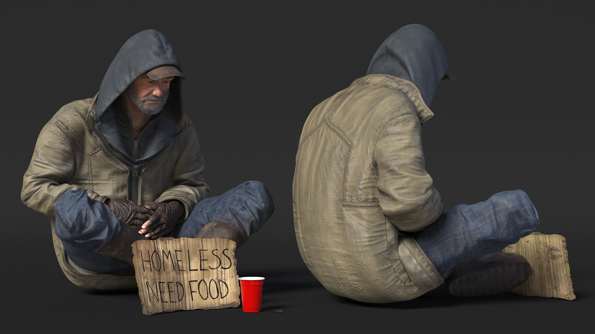 Homeless Man with a Sign and a Cup of Change 3D model