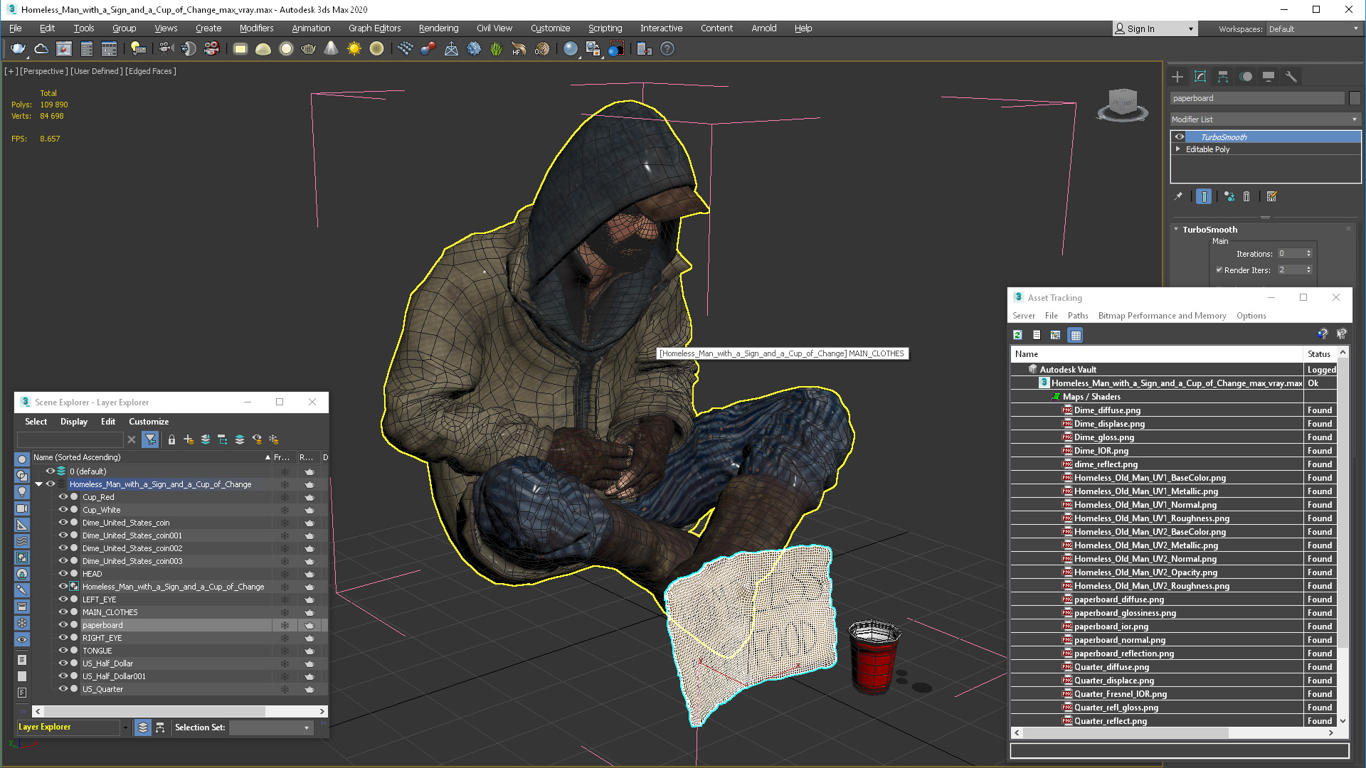 Homeless Man with a Sign and a Cup of Change 3D model