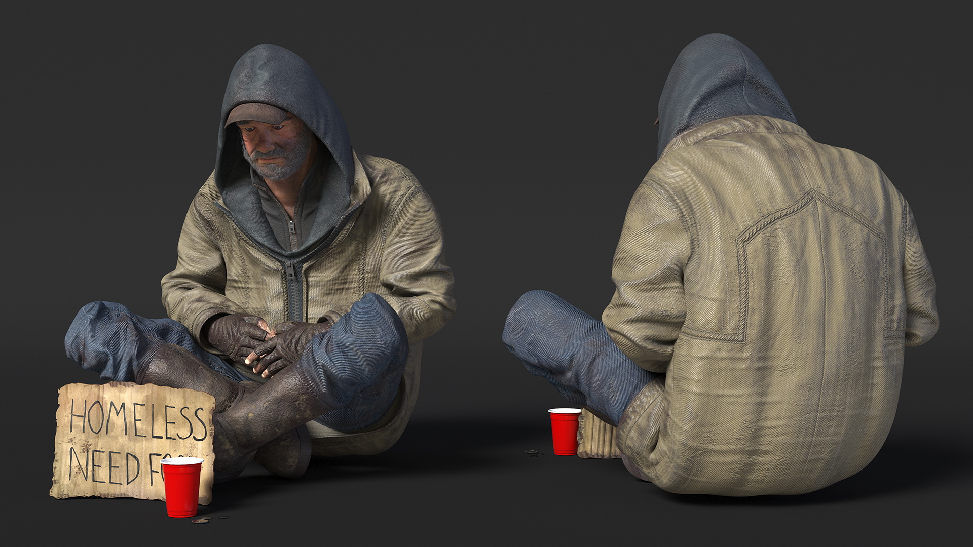 Homeless Man with a Sign and a Cup of Change 3D model