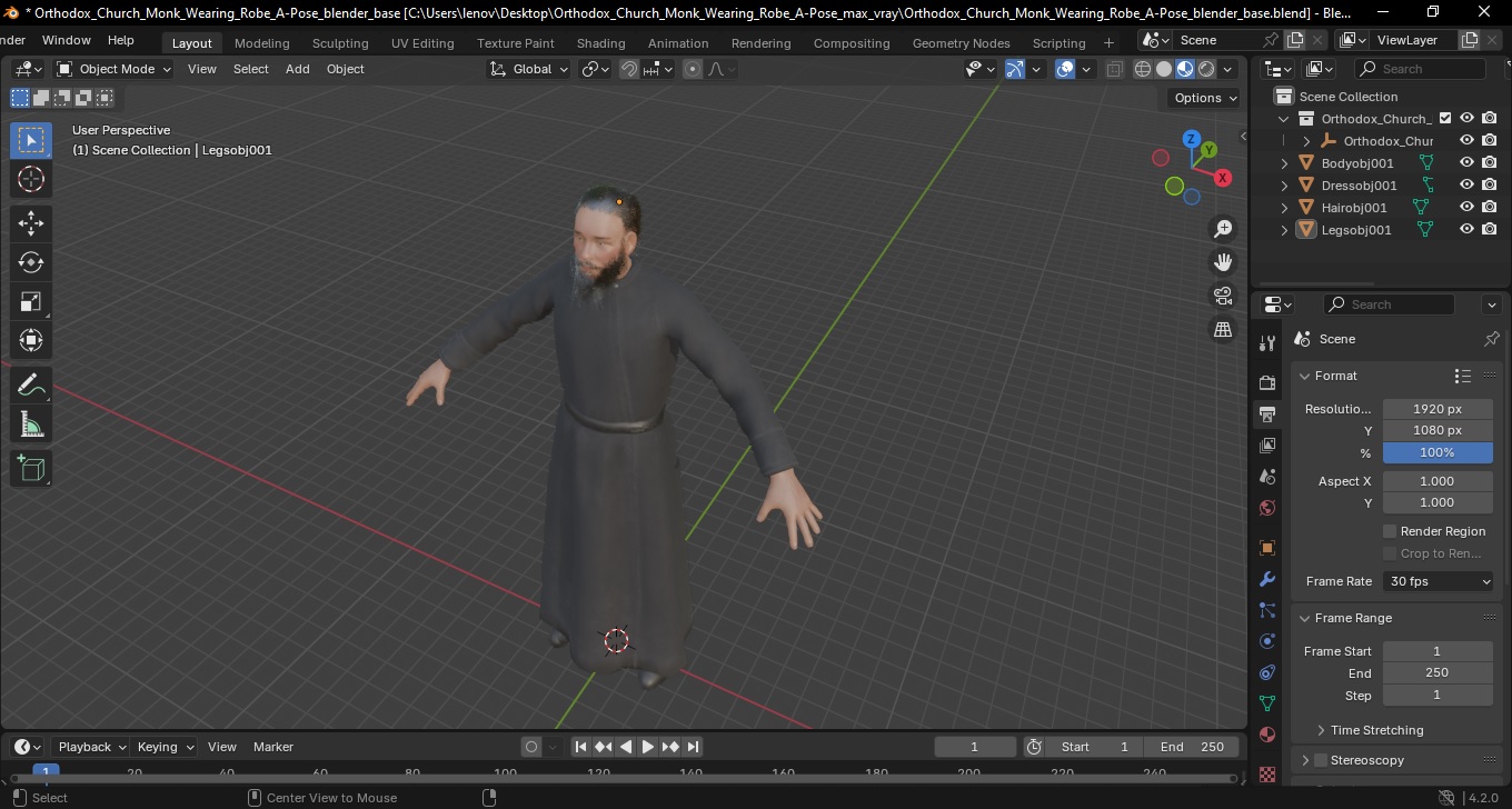 3D model Orthodox Church Monk Wearing Robe A-Pose