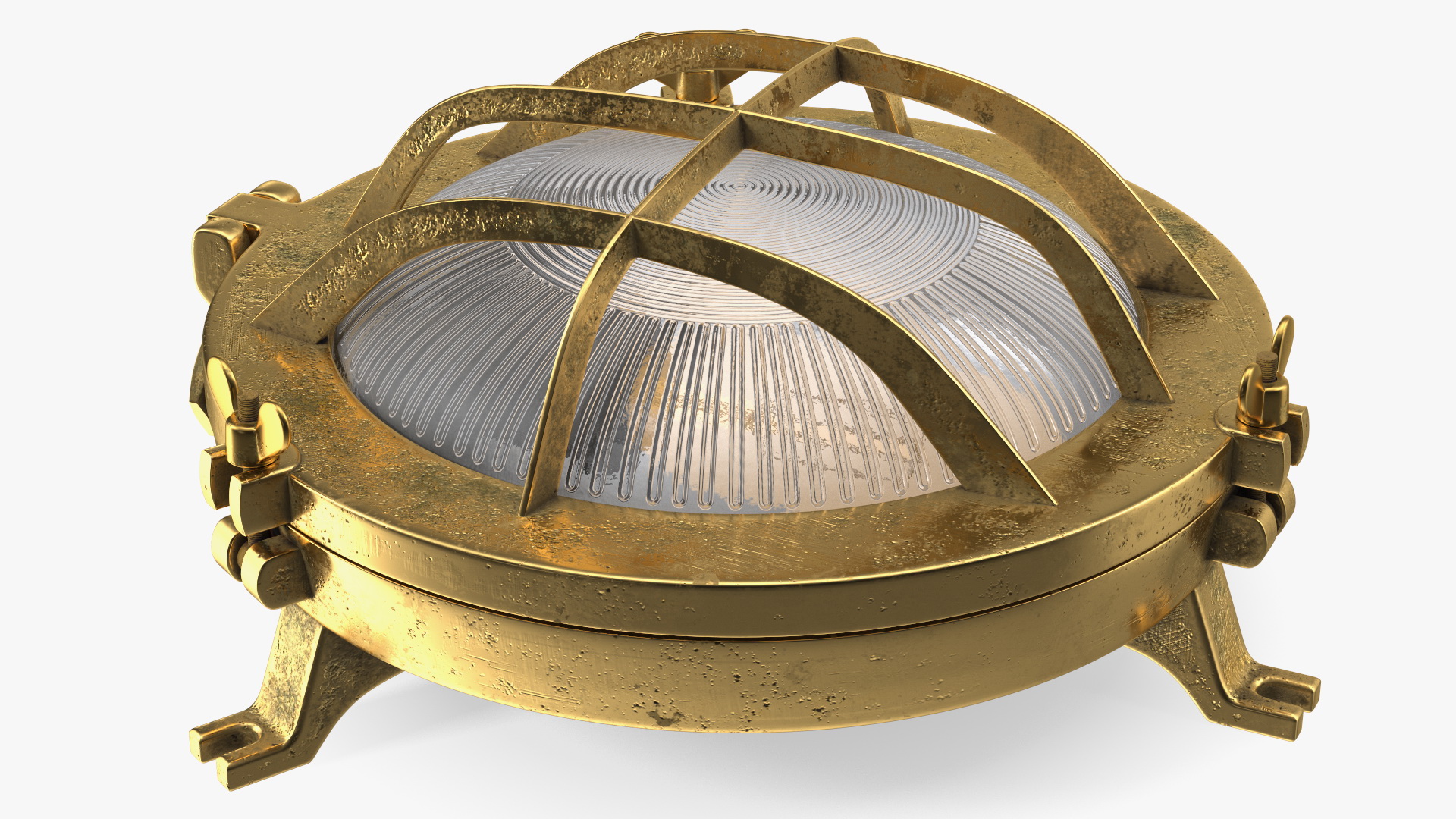 Cage Bulkhead Light Brass with Ribbed Glass On State 3D