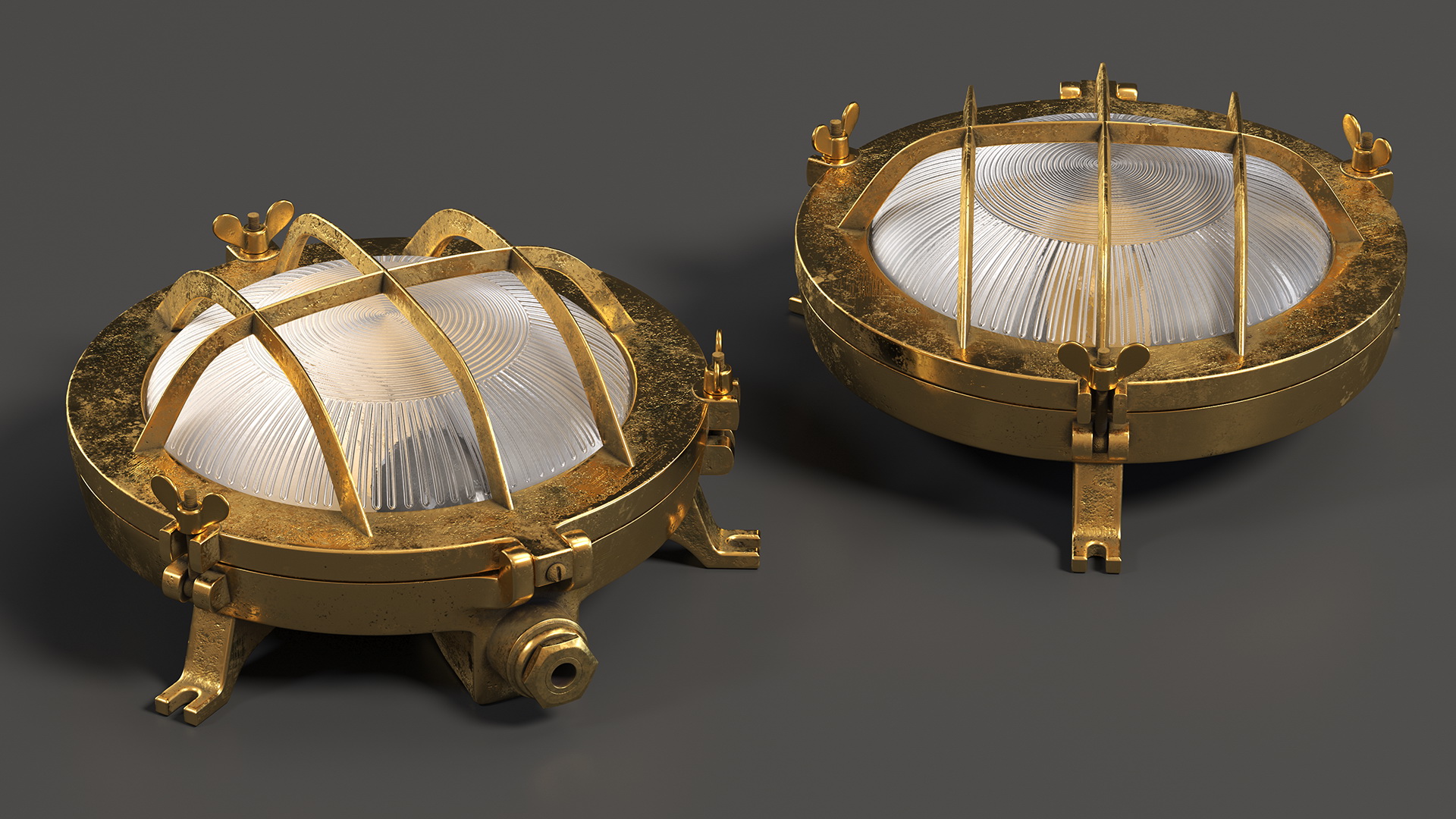 Cage Bulkhead Light Brass with Ribbed Glass On State 3D